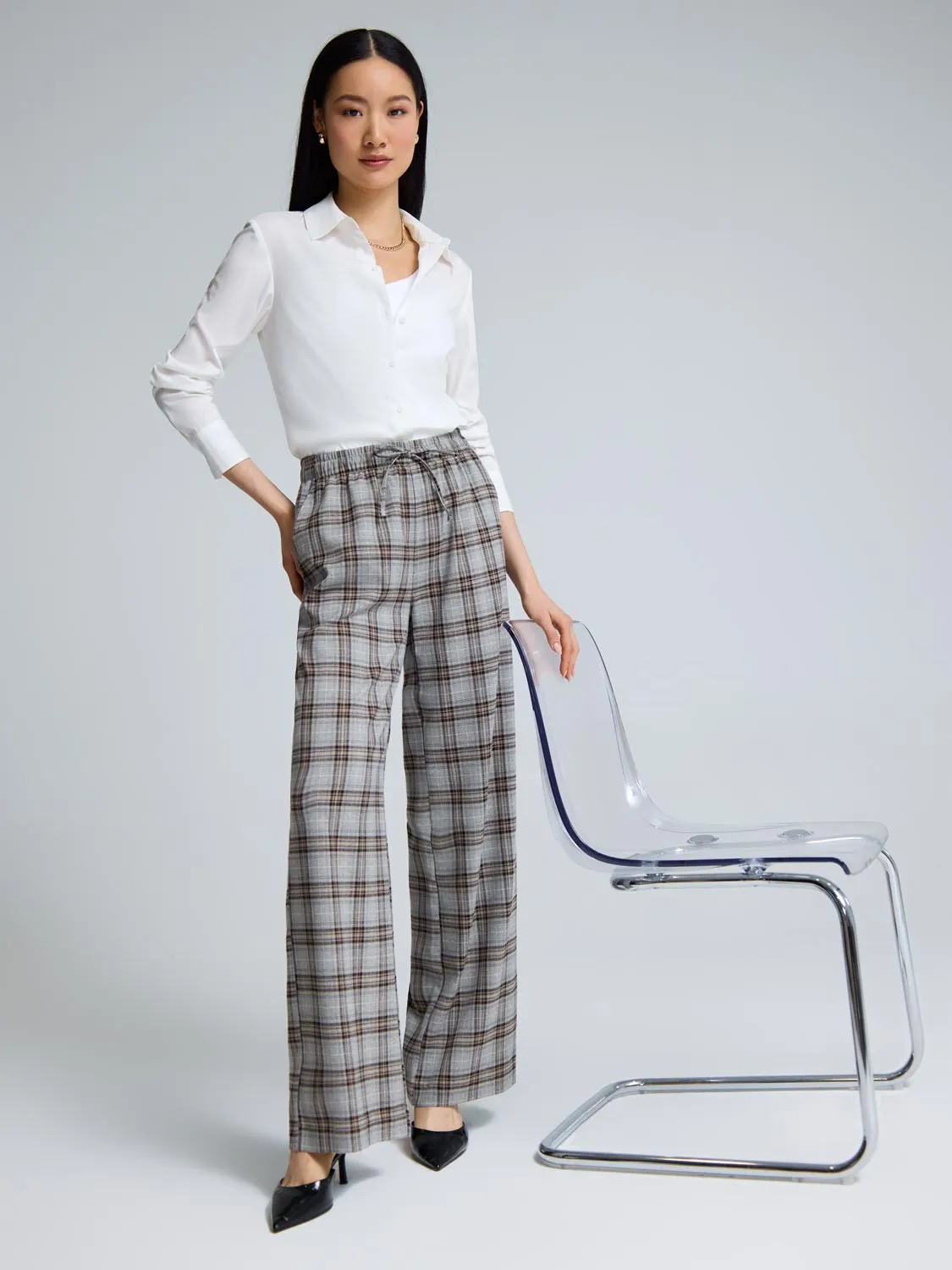 Fitted Style Breathable Layer Fit Wide-Leg Plaid Pants
