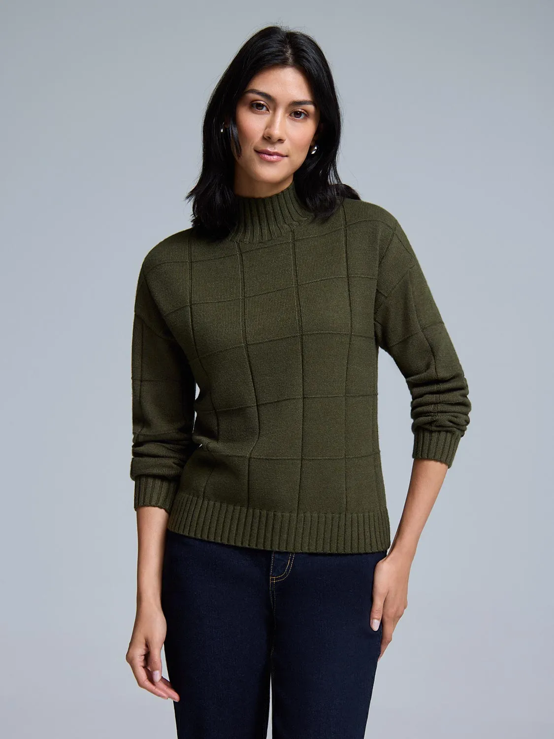 Cozy Classic MicrofiberBlend Texture Square Pattern Mock Neck Sweater