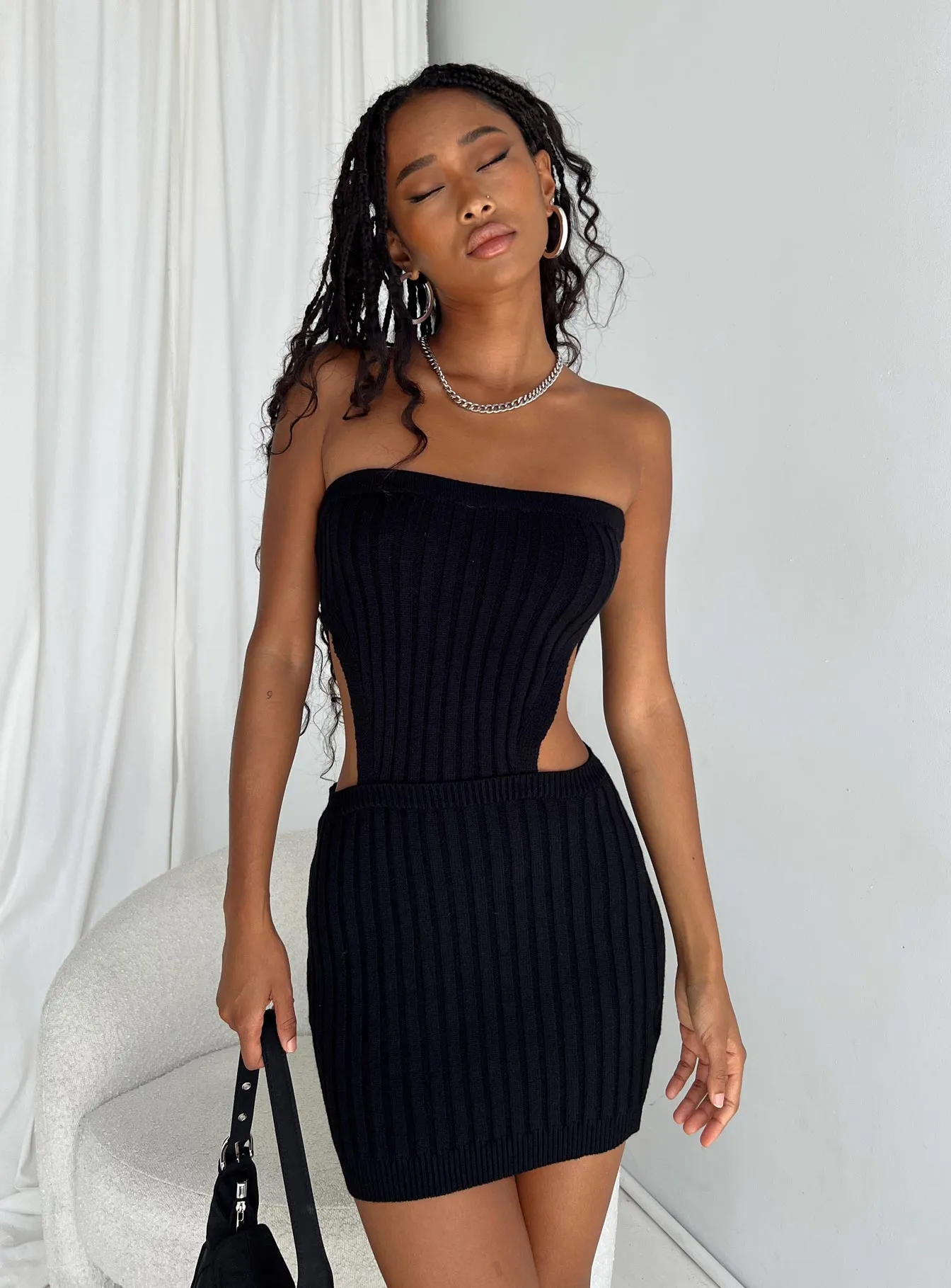 Calm Drape Sweetheart-Neck Olia Mini Dress Black