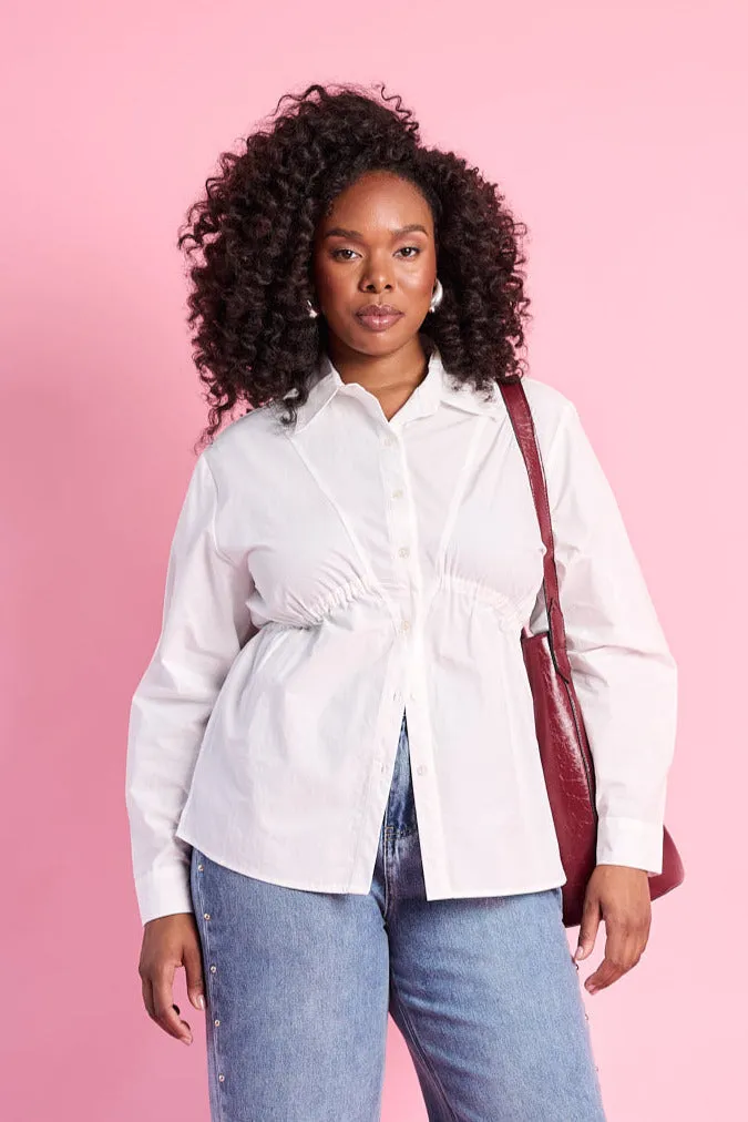 Bright and Bold Ruched Empire Cotton Shirt in Milk