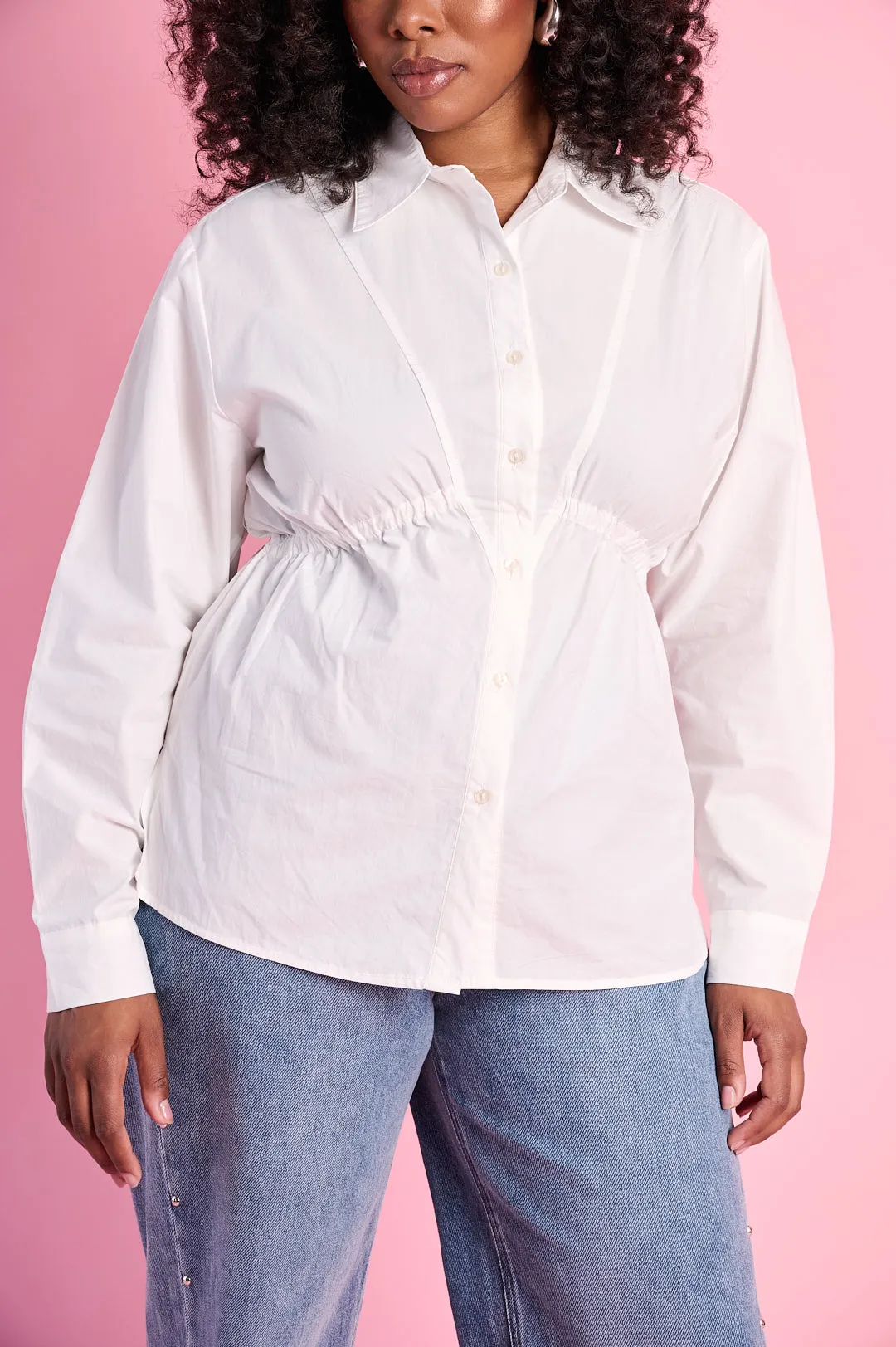 Comfortable Touch Ruched Empire Cotton Shirt in Milk