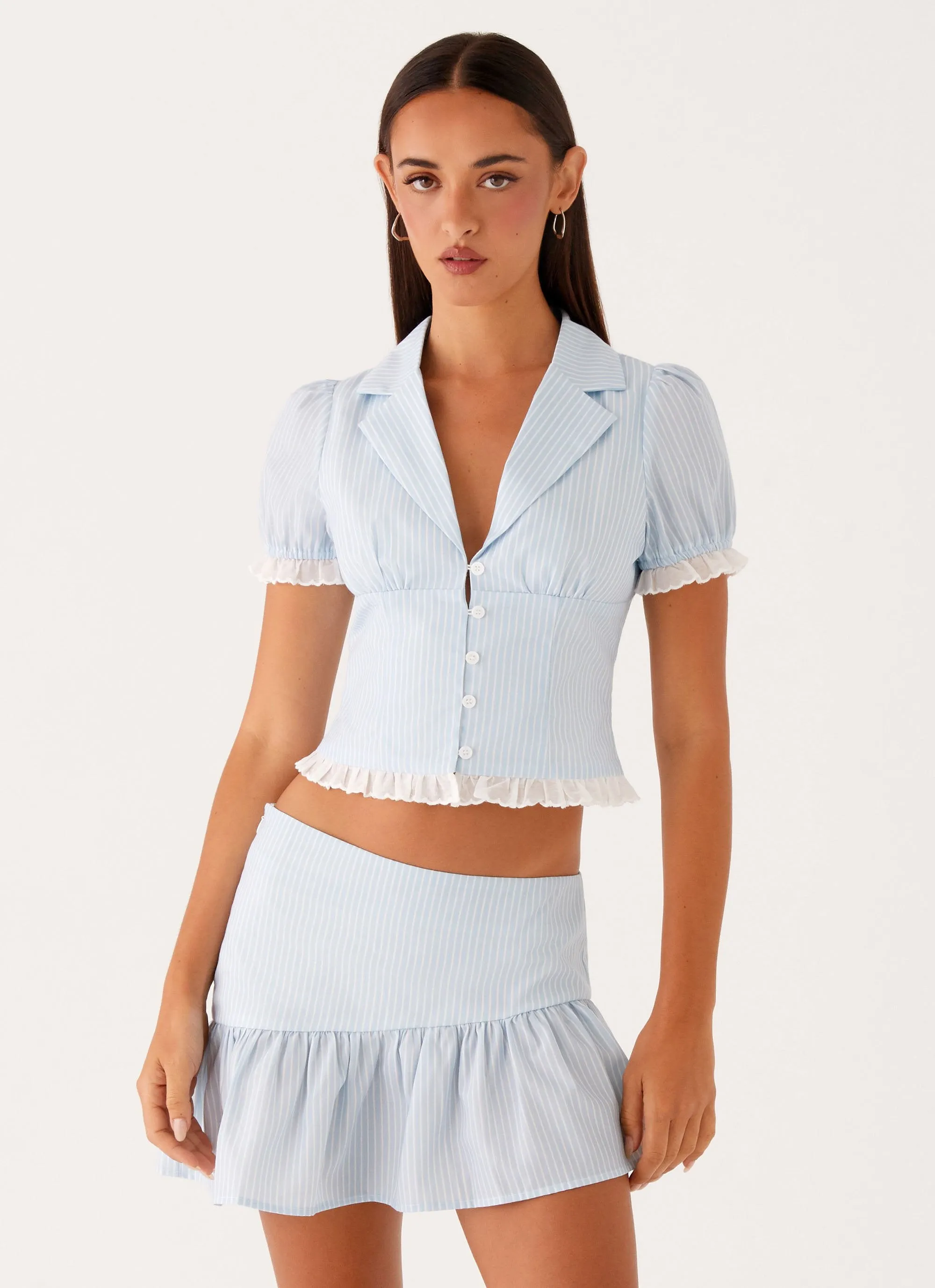 Bennett Button Up Top - Blue White Stripe Smart Layering Smooth Neckline