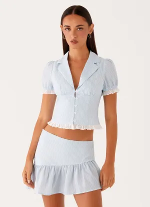 Bennett Button Up Top - Blue White Stripe Smart Layering Smooth Neckline