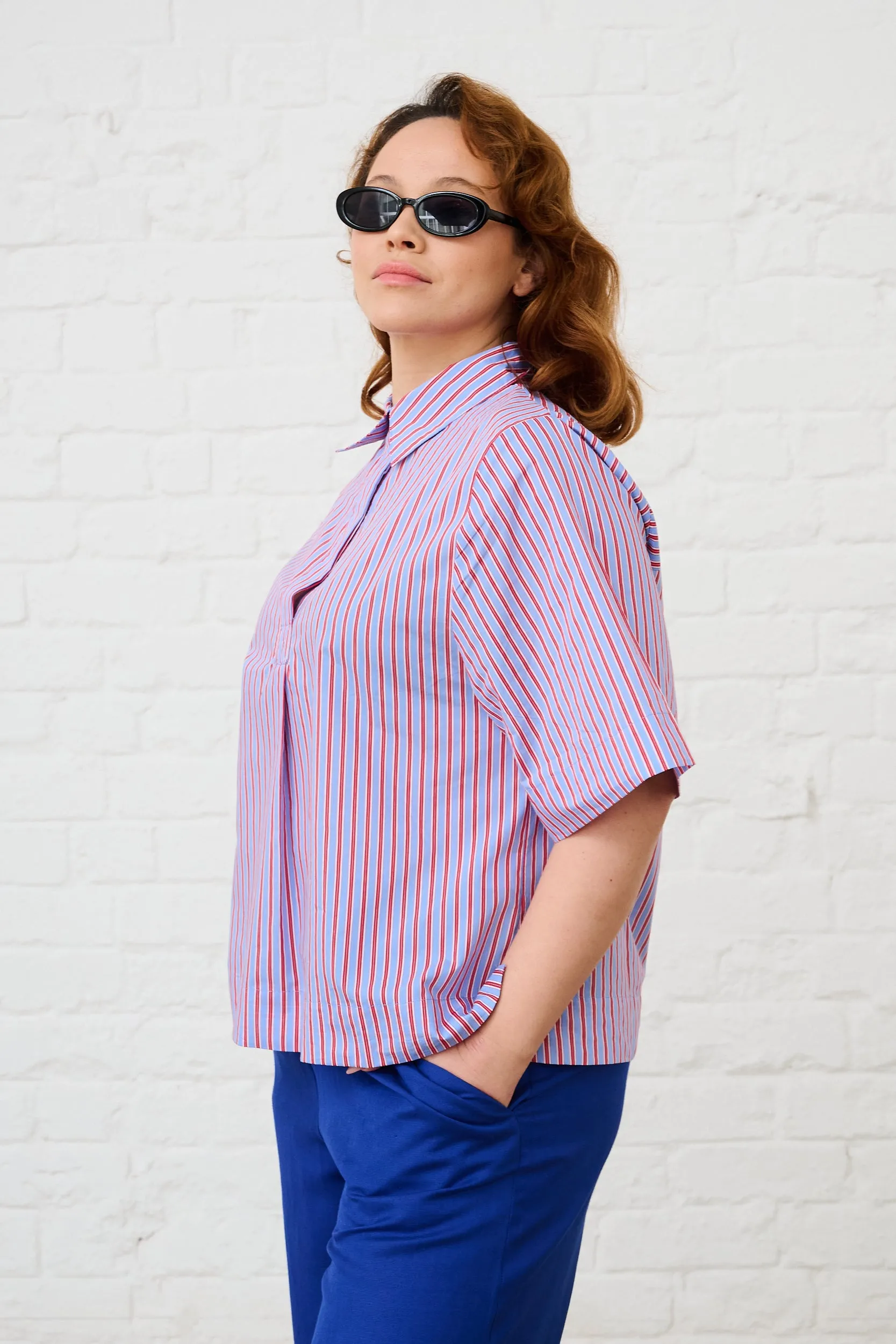 Cotton Boxy Shirt in Blue/Red Stripe Stretch Comfort Trendy Vibe