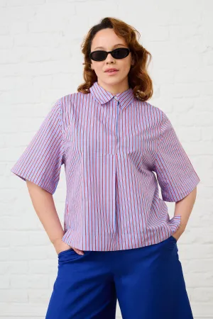 Cotton Boxy Shirt in Blue/Red Stripe Scoop neck