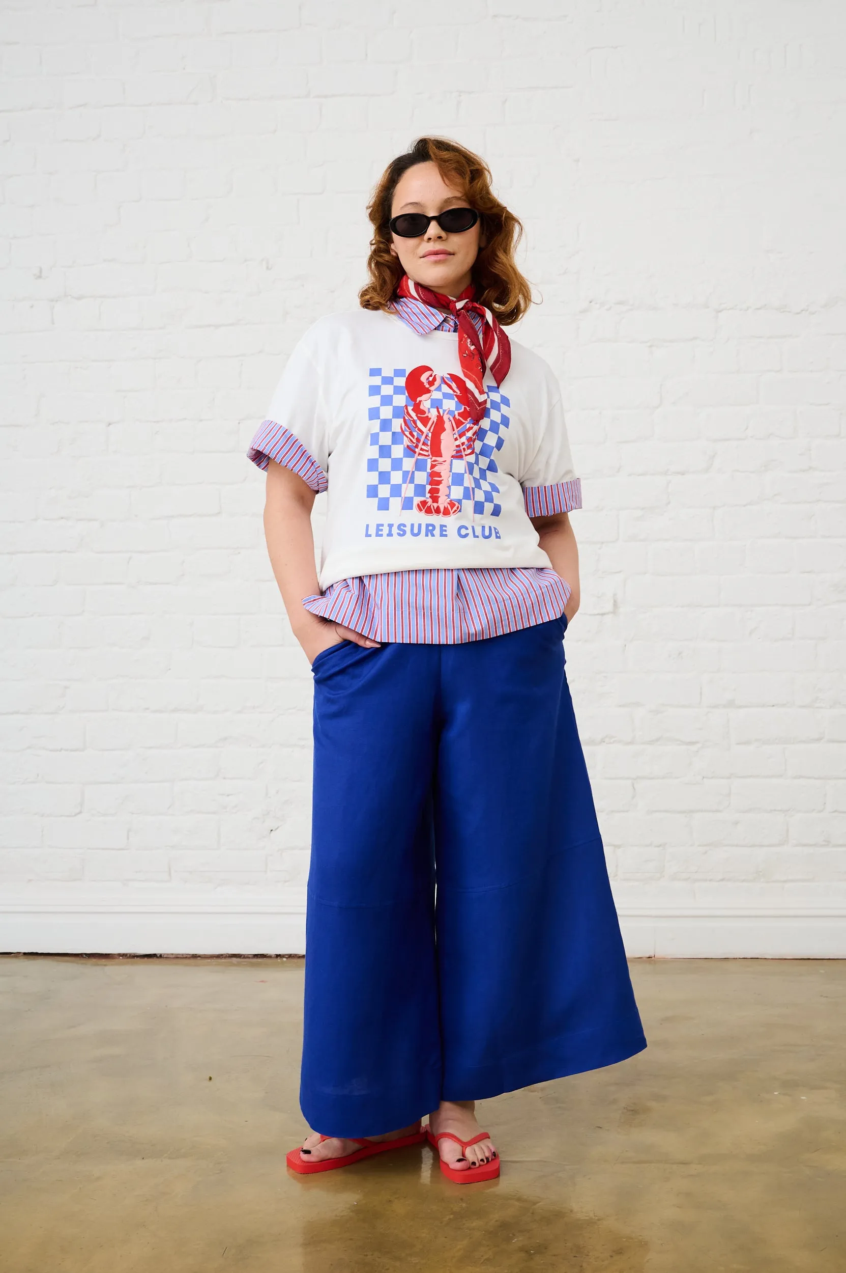 Cotton Boxy Shirt in Blue/Red Stripe Soft and Light Wear