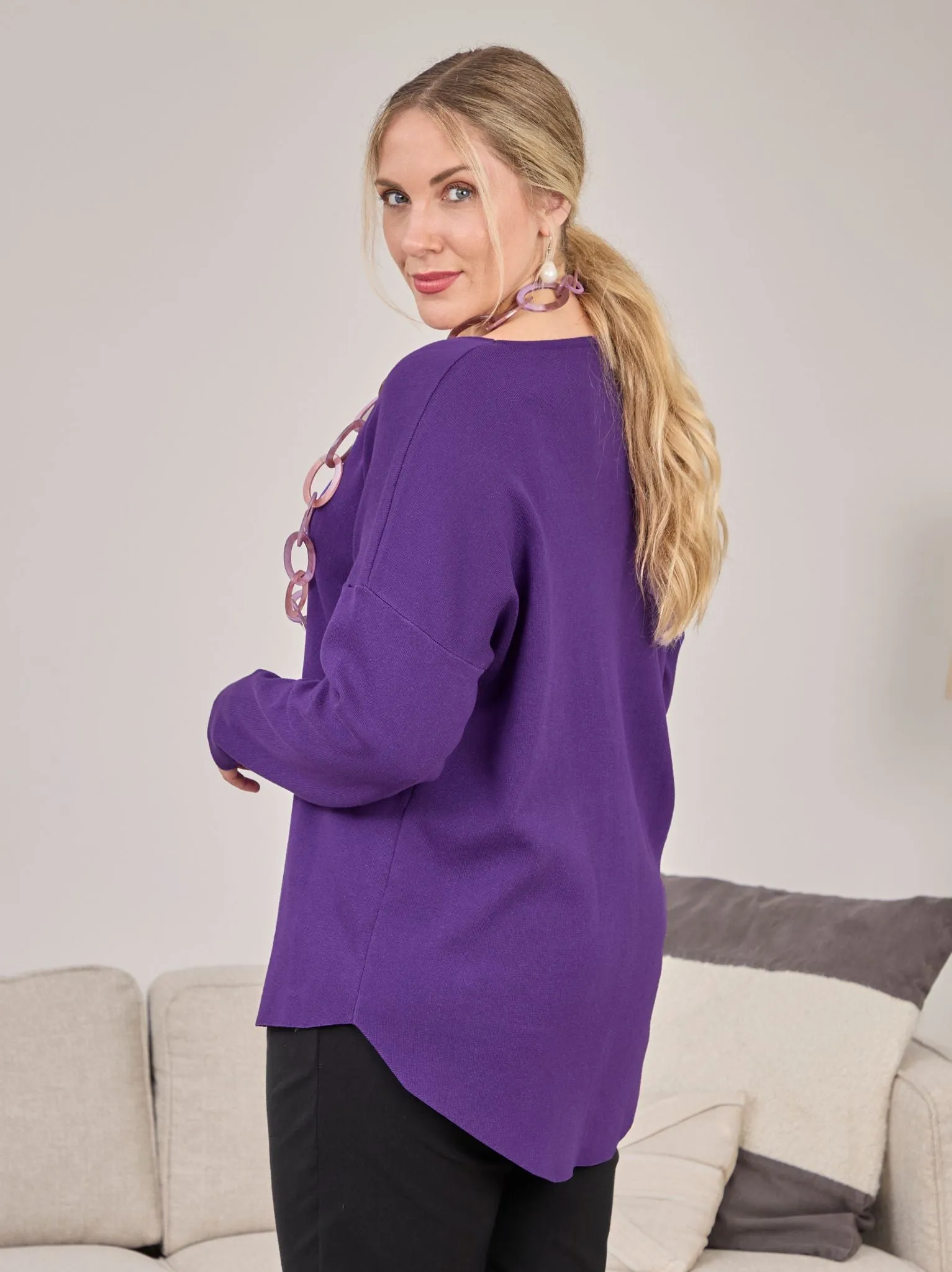 Ribbed Hemline Moisture Wicking Texture Mette Knitted Jumper - Purple