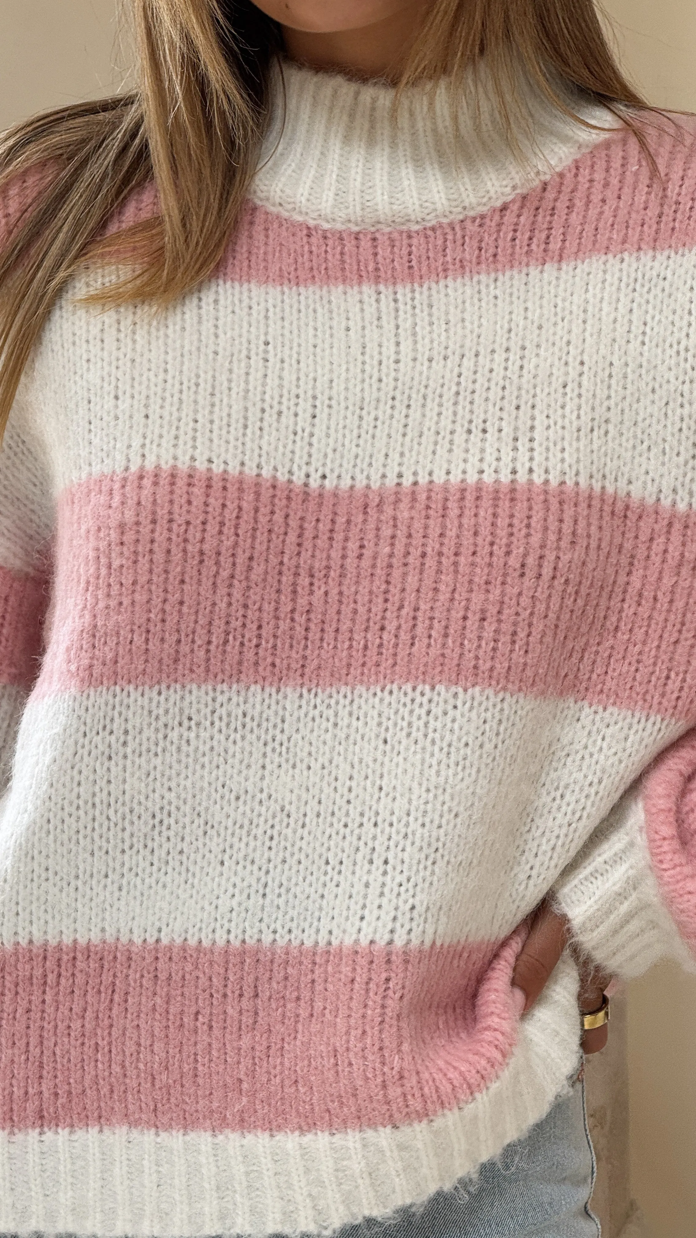 Dante Knitted Sweater - White / Pink Stripe Turtle Neck Variant