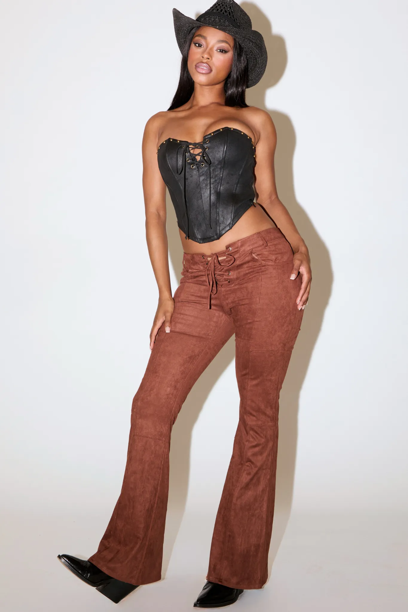 VersatileCuff STUD & TIES DETAIL VEGAN SUEDE STRAPLESS CORSET TOP