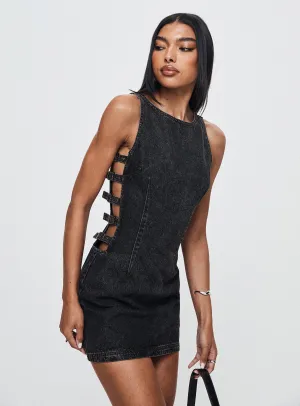 Chatter Buckle Side Denim Mini Dress Charcoal Flattering Lines Color Glow