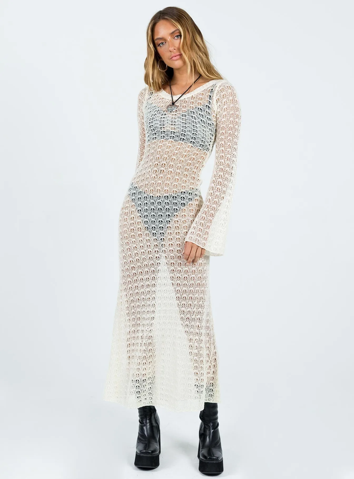 ContrastStitching Office Tone Margarida Crochet Maxi Dress Beige