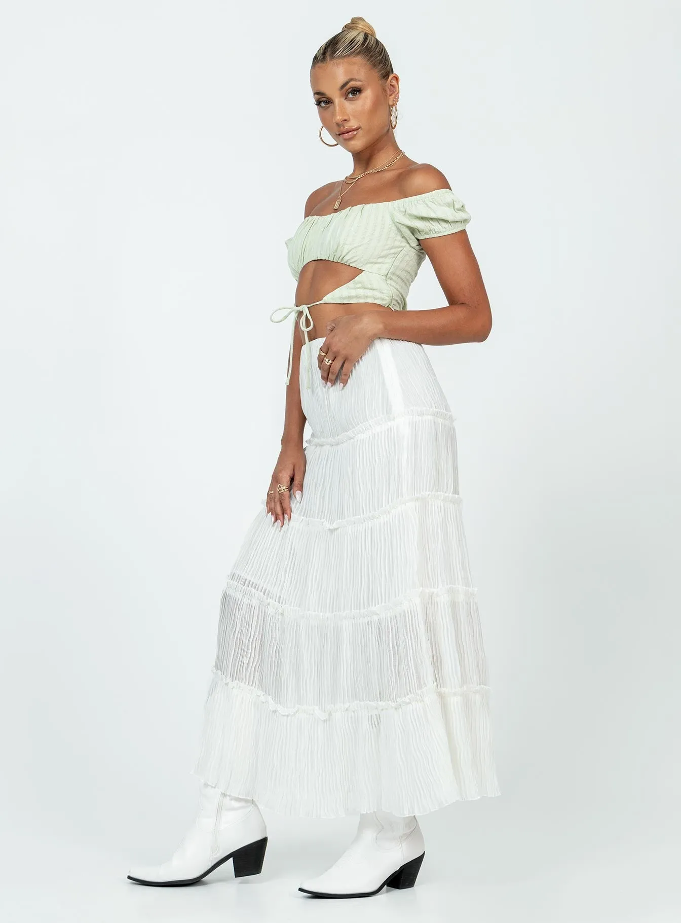 High Street Chic Slow Fashion Sun Down Mid Rise Maxi Skirt White