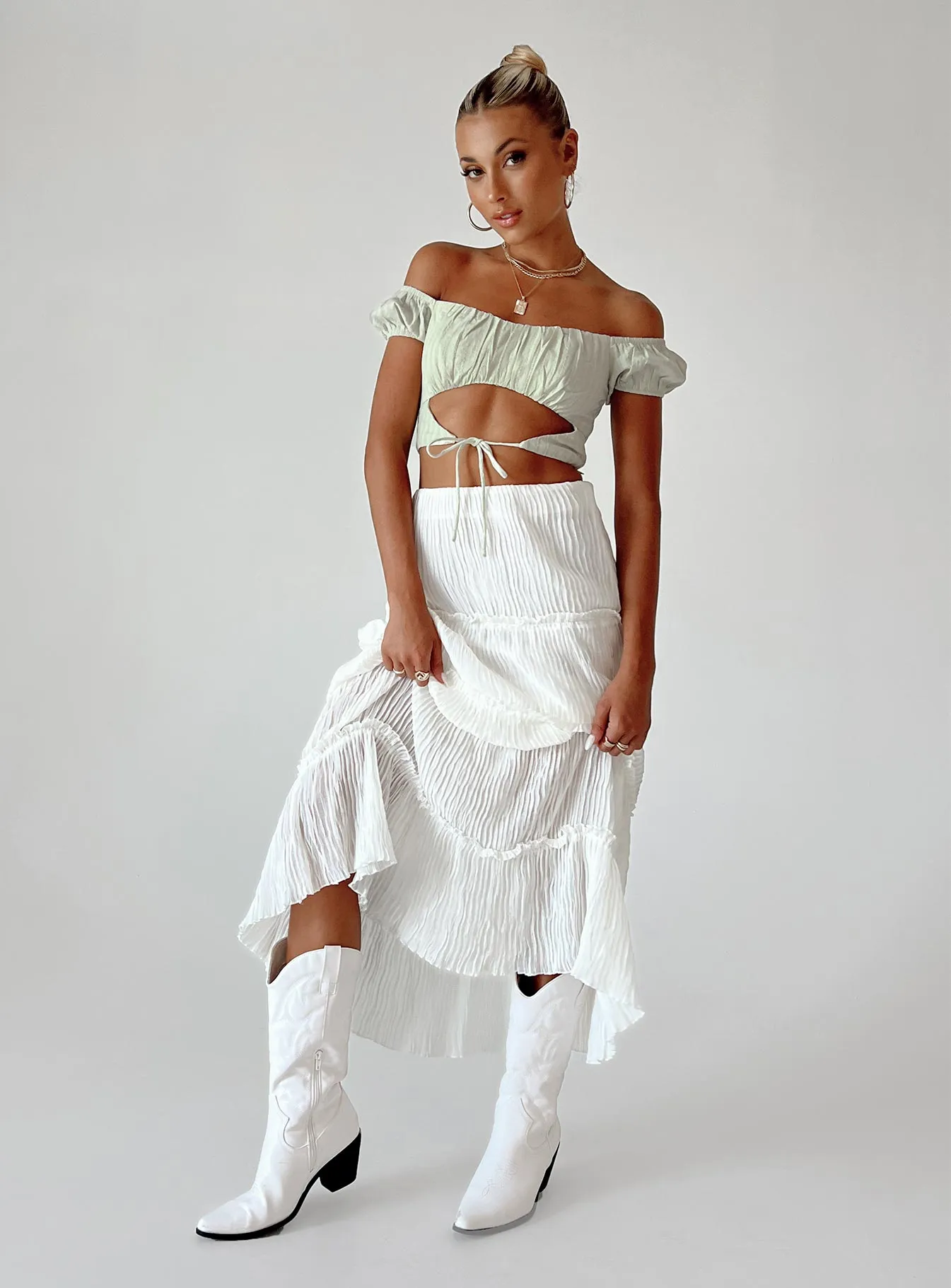 Sun Down Mid Rise Maxi Skirt White Linen blend