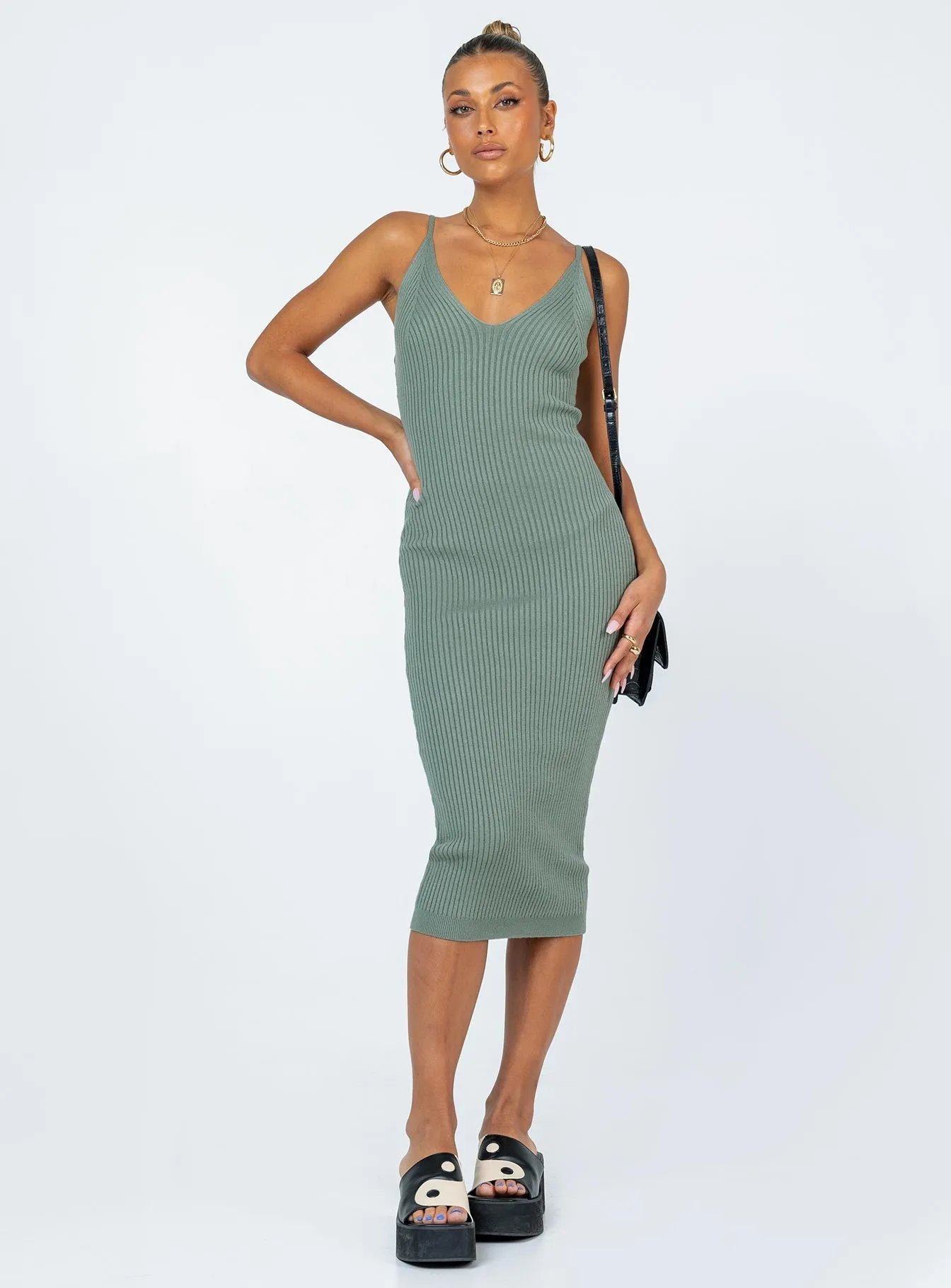 Street Casual Travel Light Oxford Midi Dress Green