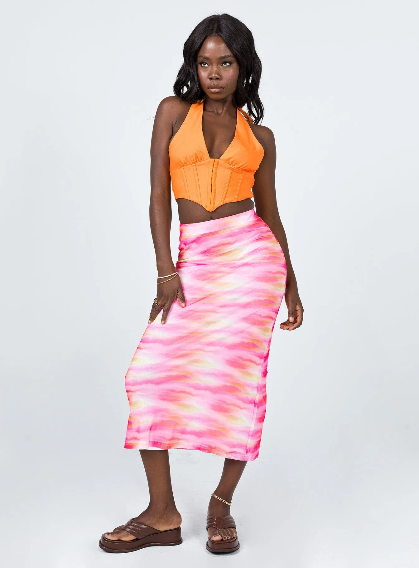 Layered Look Classic Touch Sunset Trip Midi Skirt Pink