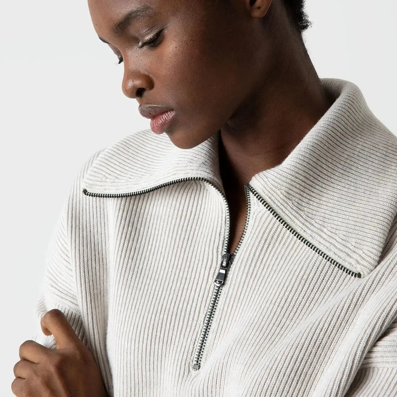 Sunspel Womens Ribbed Half Zip Jumper Ecru Polo Neckline