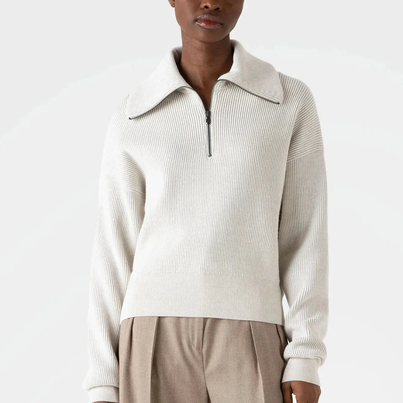 Sunspel Womens Ribbed Half Zip Jumper Ecru Biodegradable Fiber Blend Textured Weave