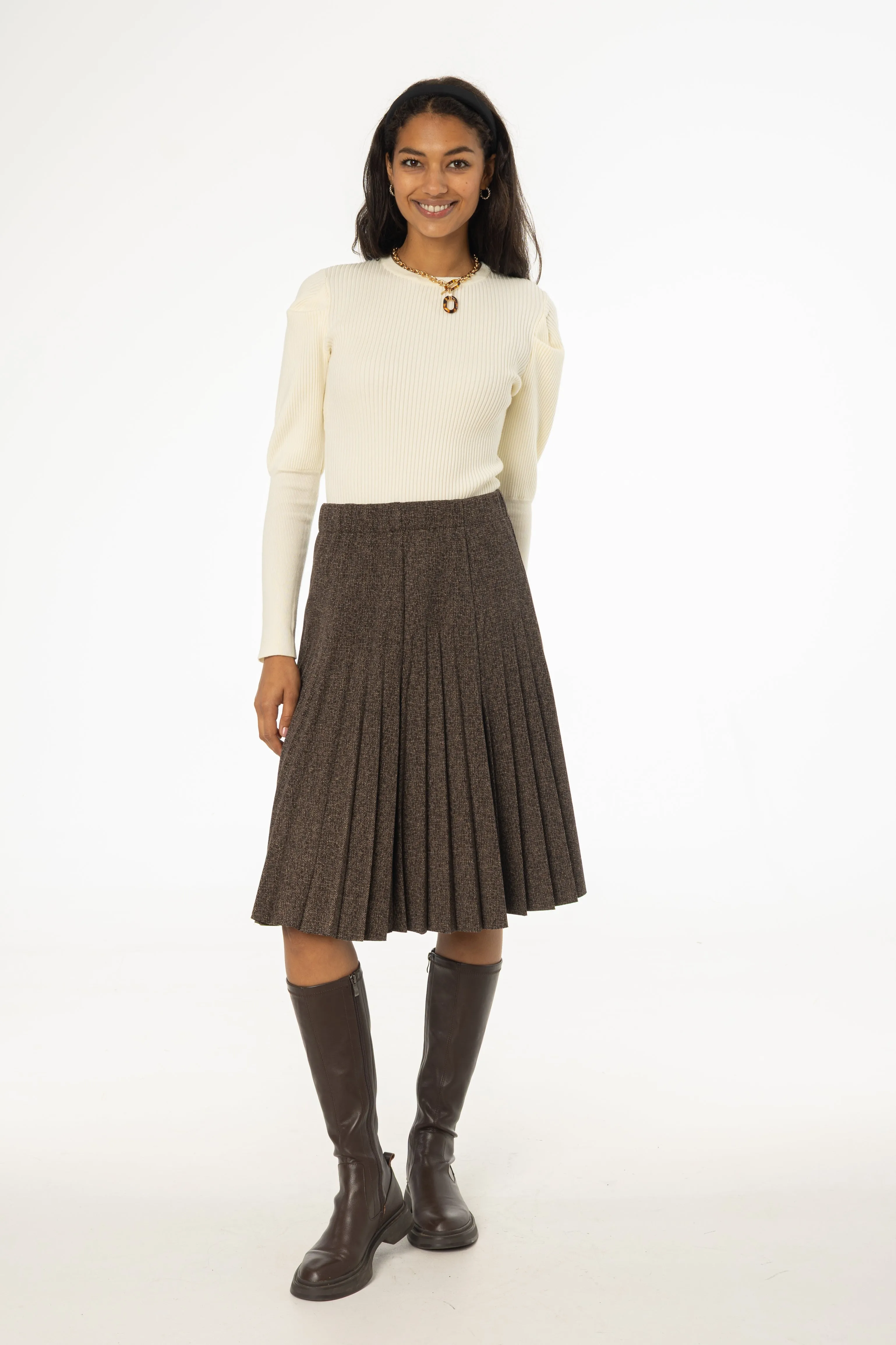 Editorial Look Pull On Style Brown Pleated Skirt