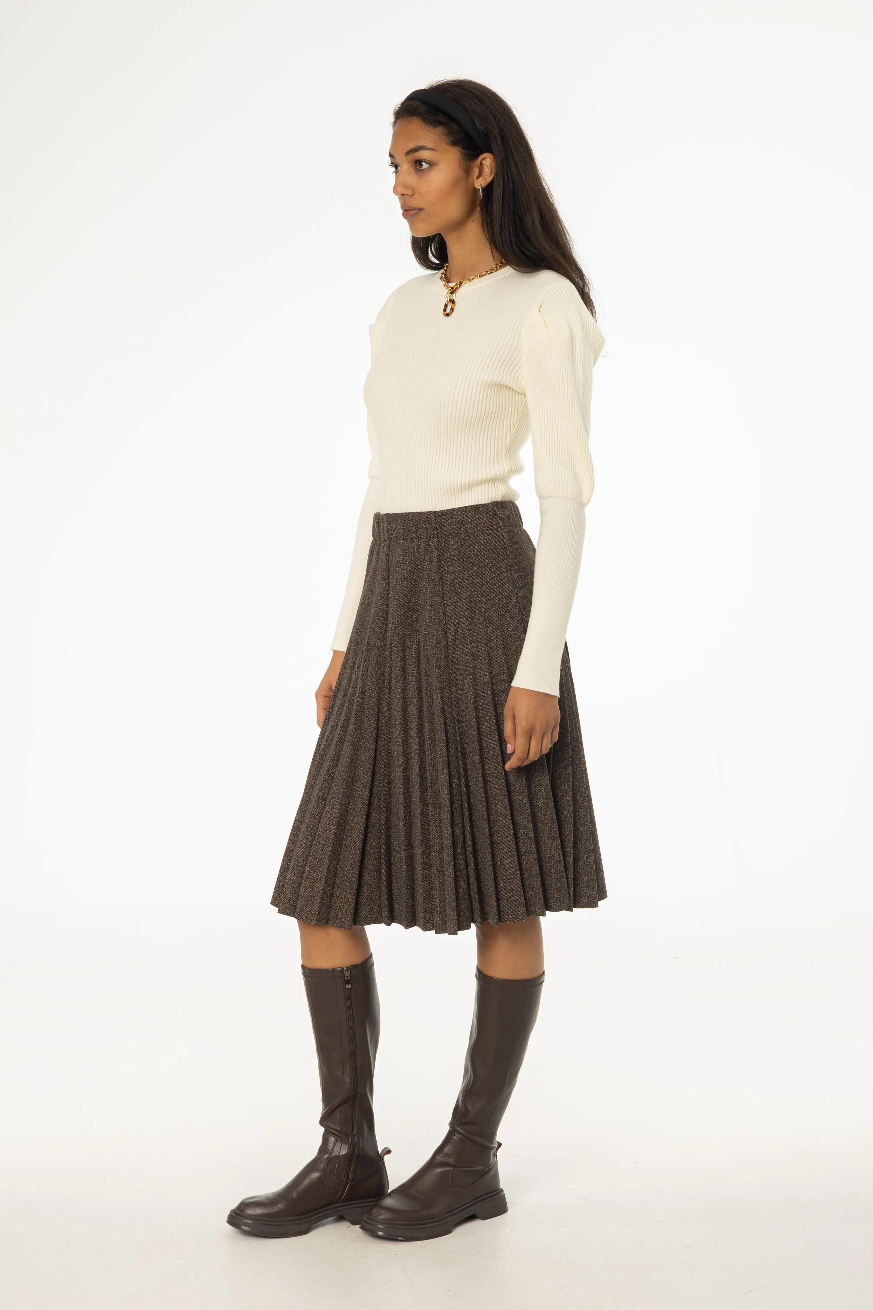 Brown Pleated Skirt Laidback Style