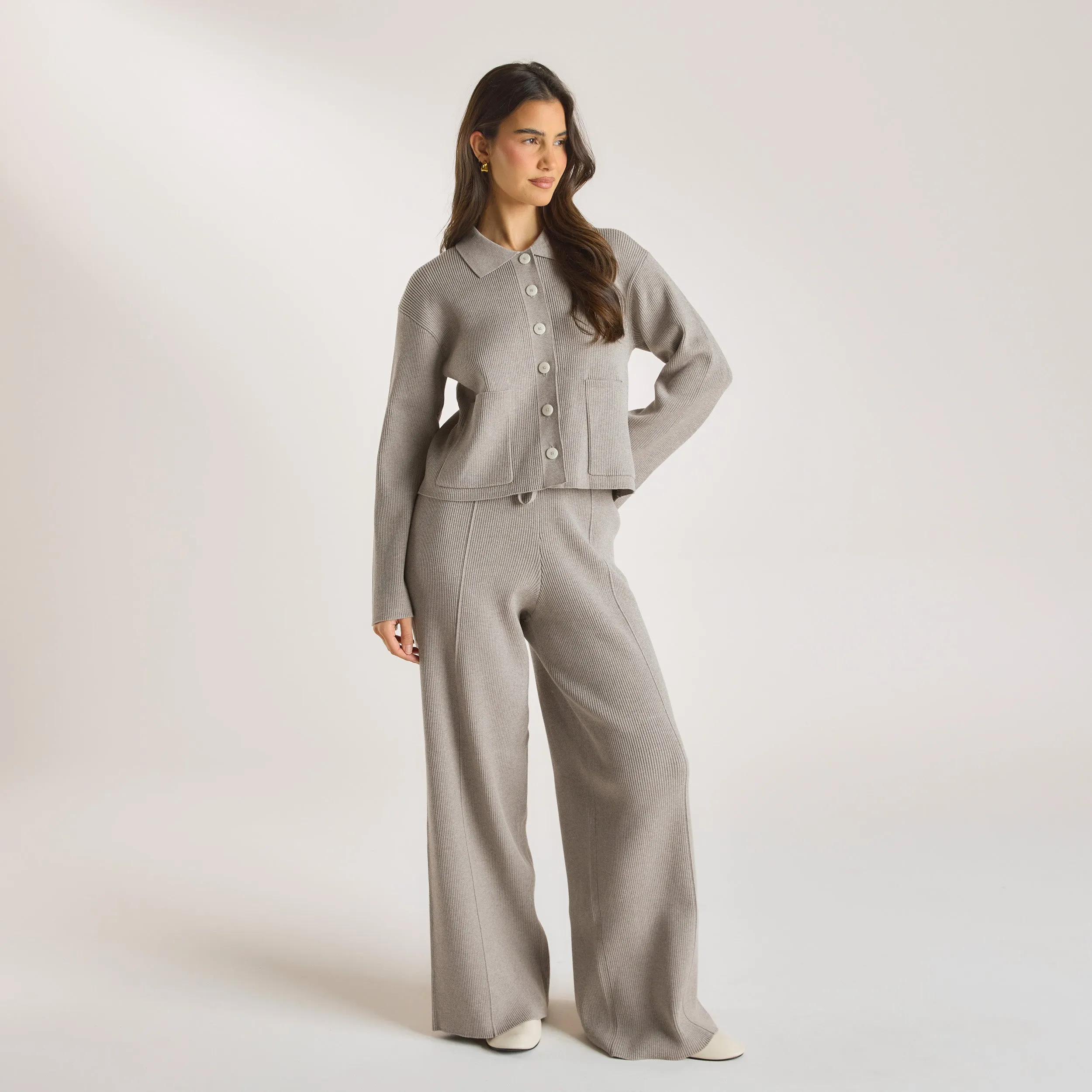 Wide Leg Knitted Pants - Warm Grey StainResistantFinish