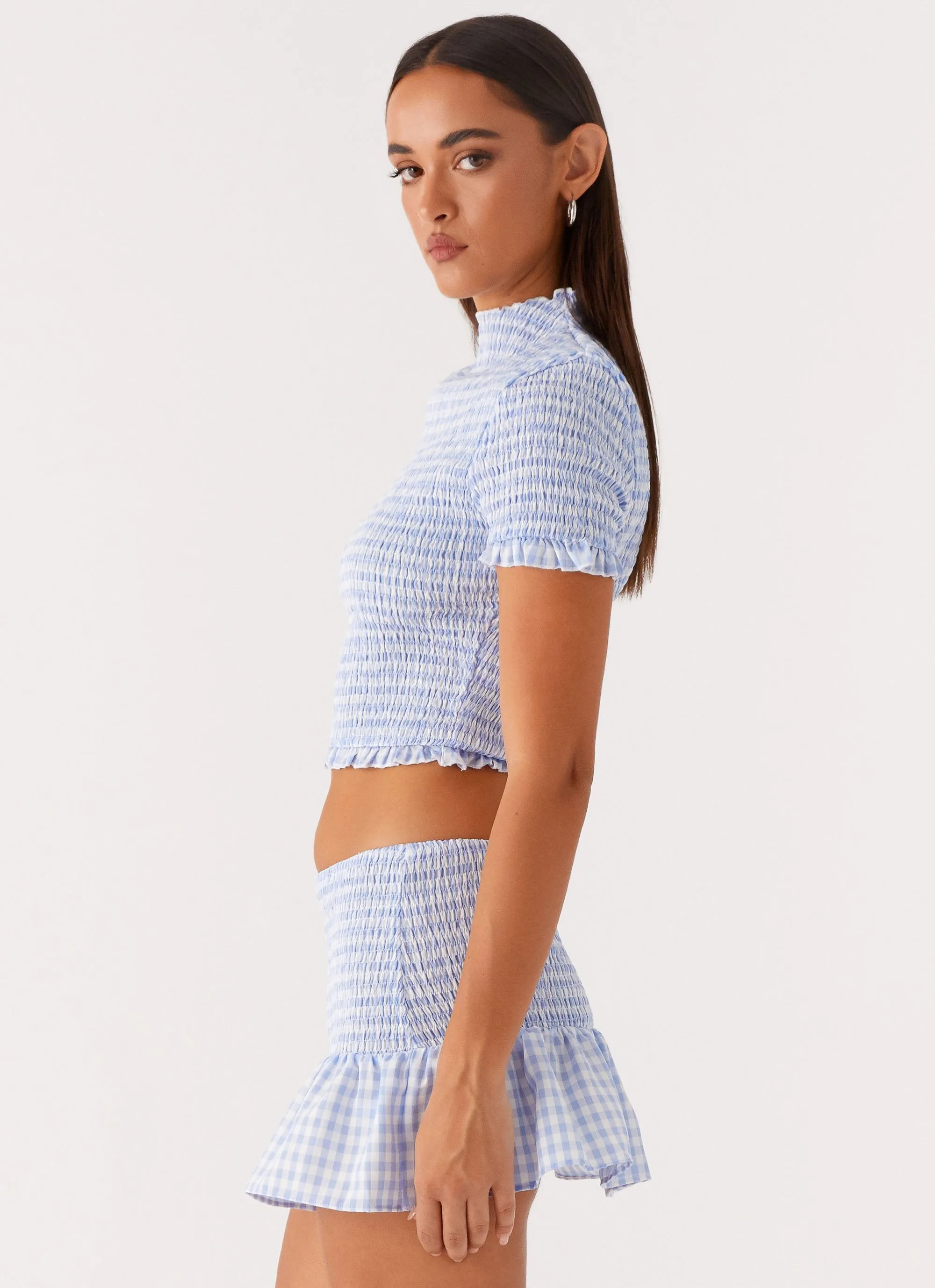 Sweetest Pie T-Shirt - Baby Blue Gingham Boat Neck Effortless Layer