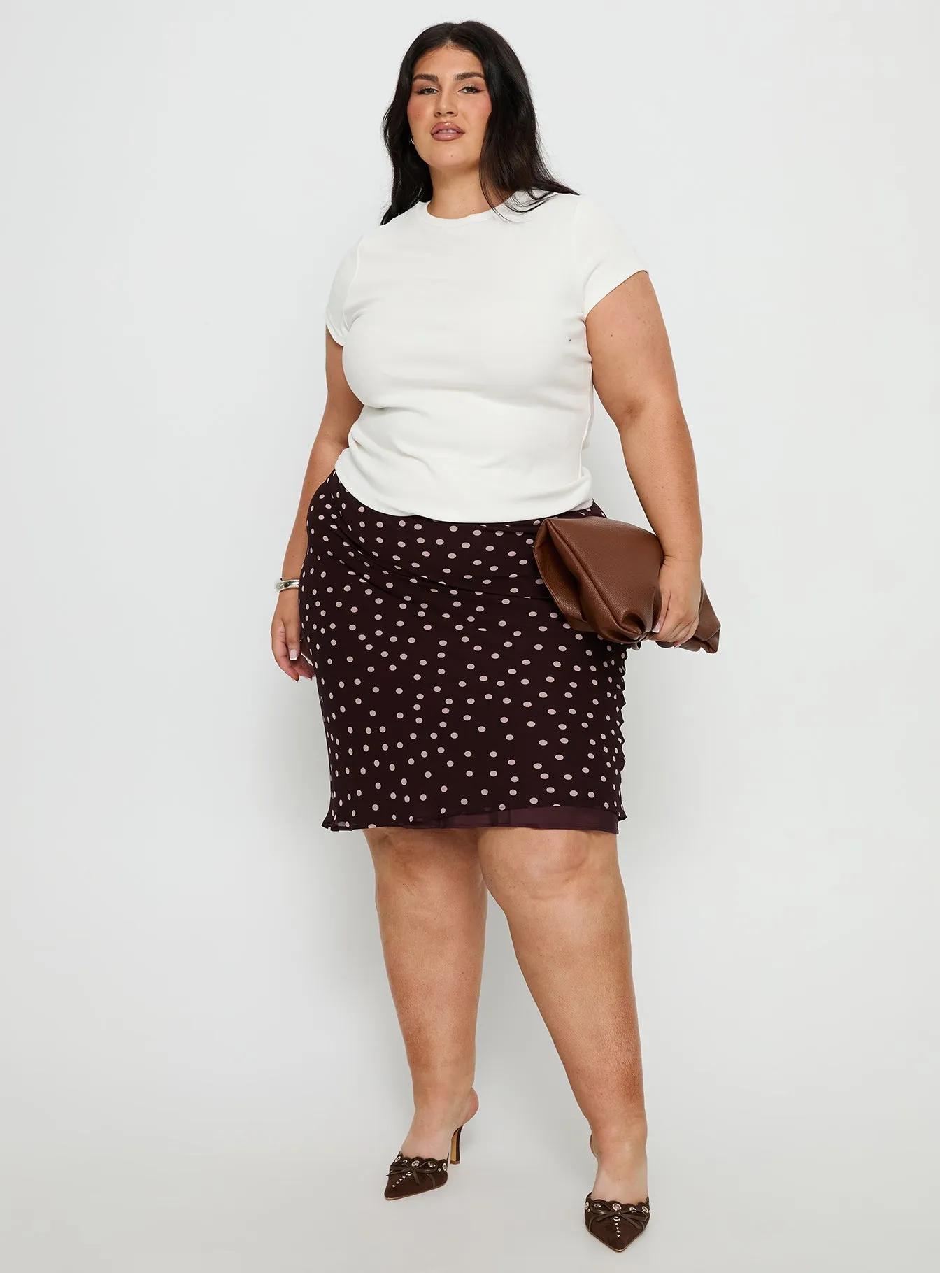 Sydni Midi Bias Cut Skirt Chocolate / Pink Polka Curve Laser cut