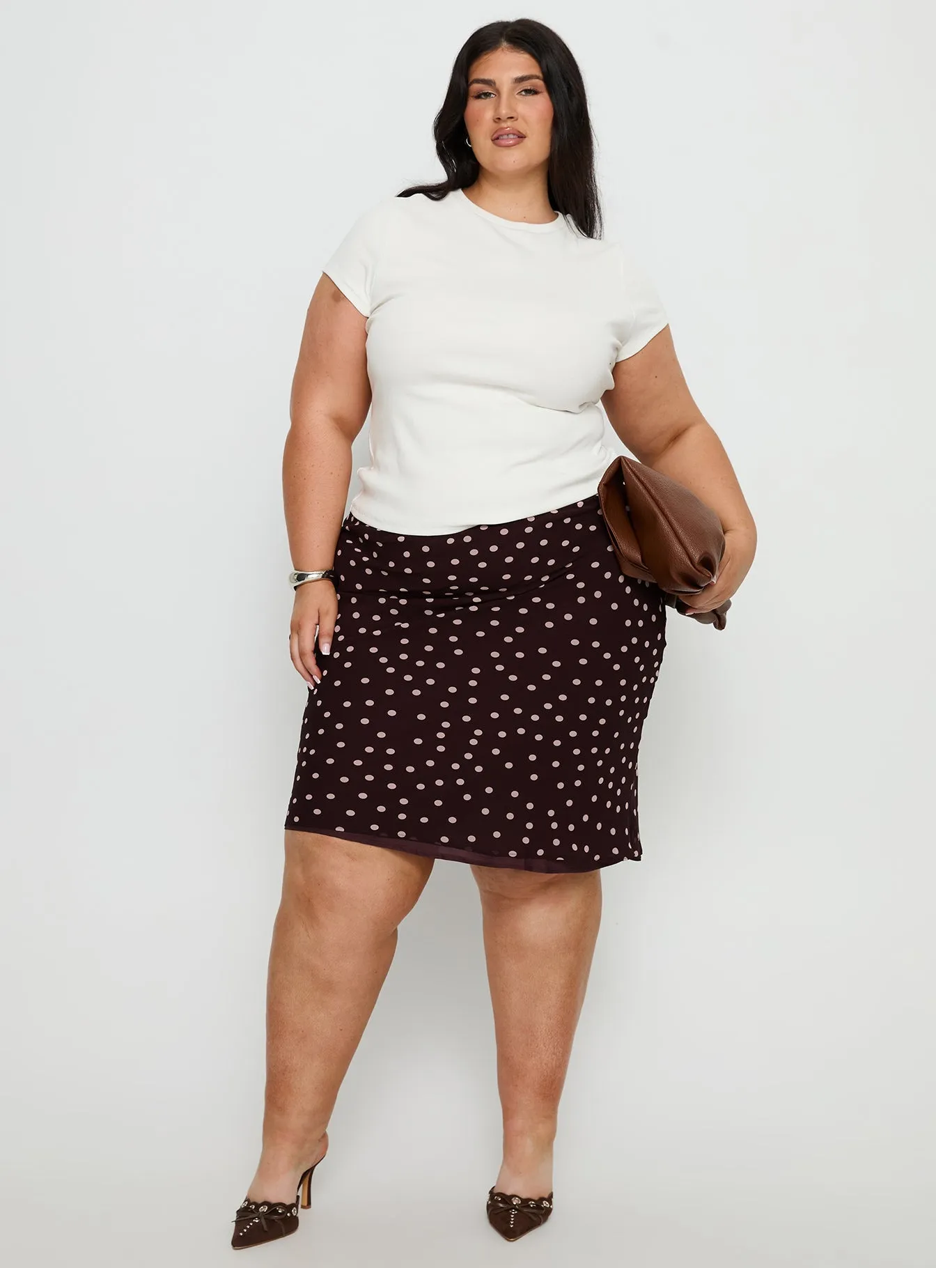 Sydni Midi Bias Cut Skirt Chocolate / Pink Polka Curve Outfit Combo Mix Texture