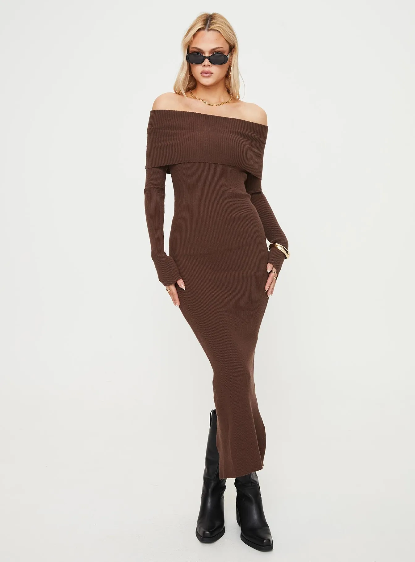 TaglessDesign Phylis Off The Shoulder Maxi Dress Chocolate