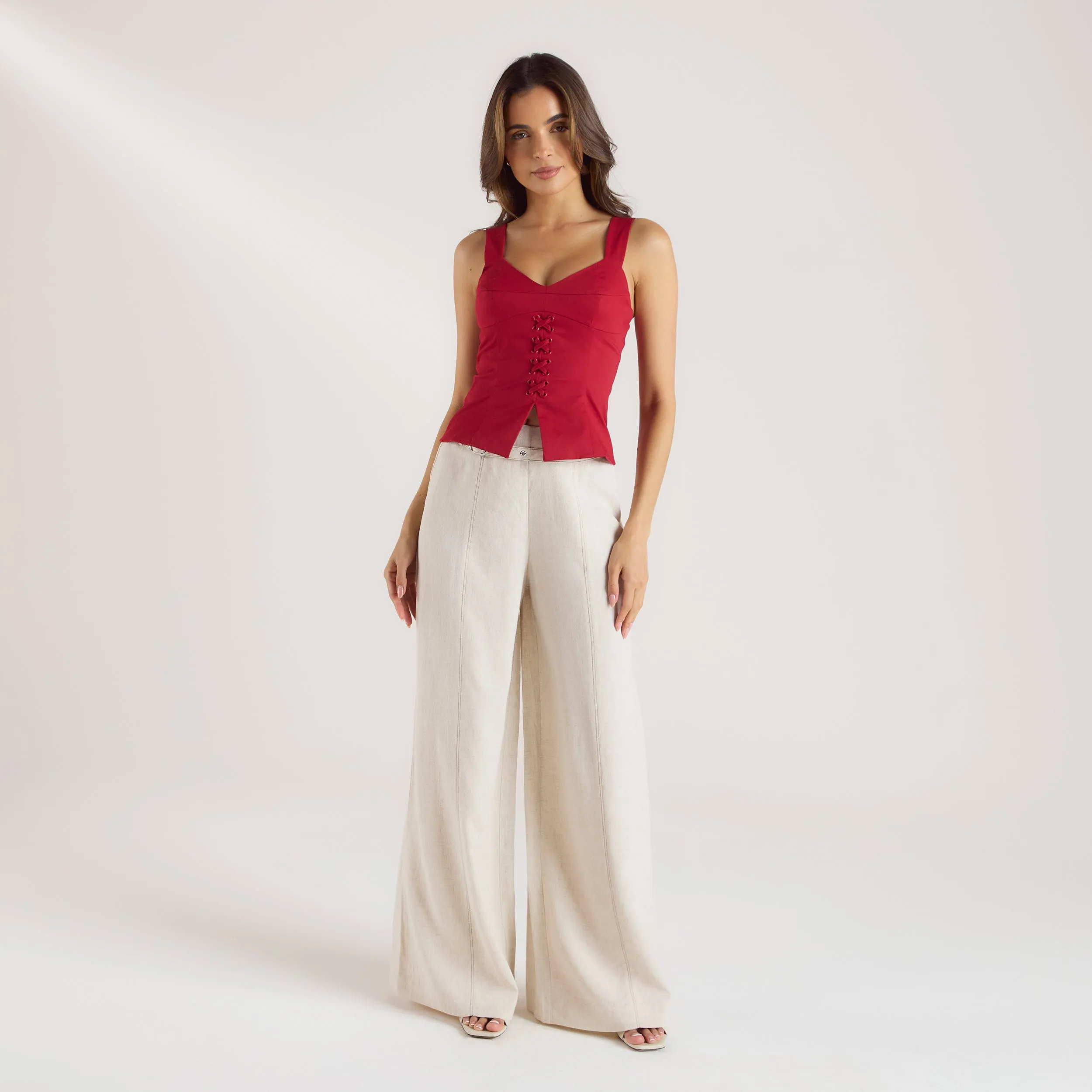 Polyester fabric Tailored Linen Pants - Cream
