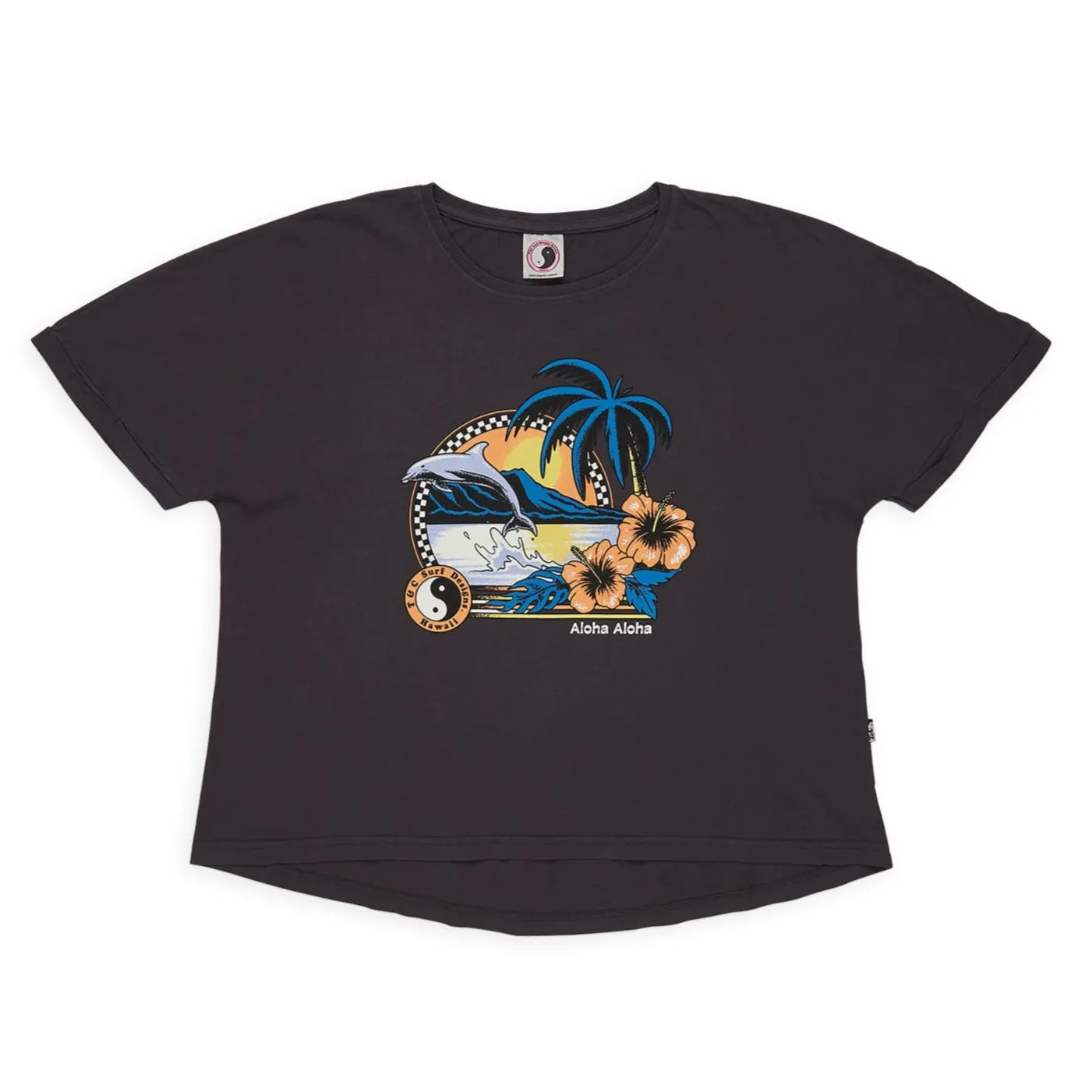Retro Stretch Jersey Knit T&C Surf Designs Women Dolphins  S/S T-Shirt - Washed Black