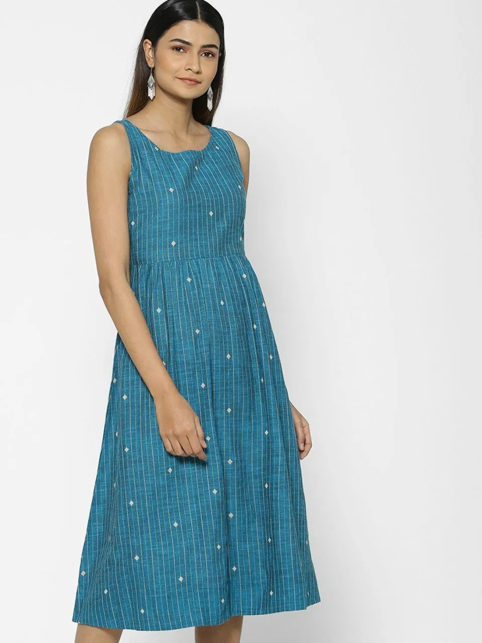 Fringe-Detail Teal Jacquard Dress