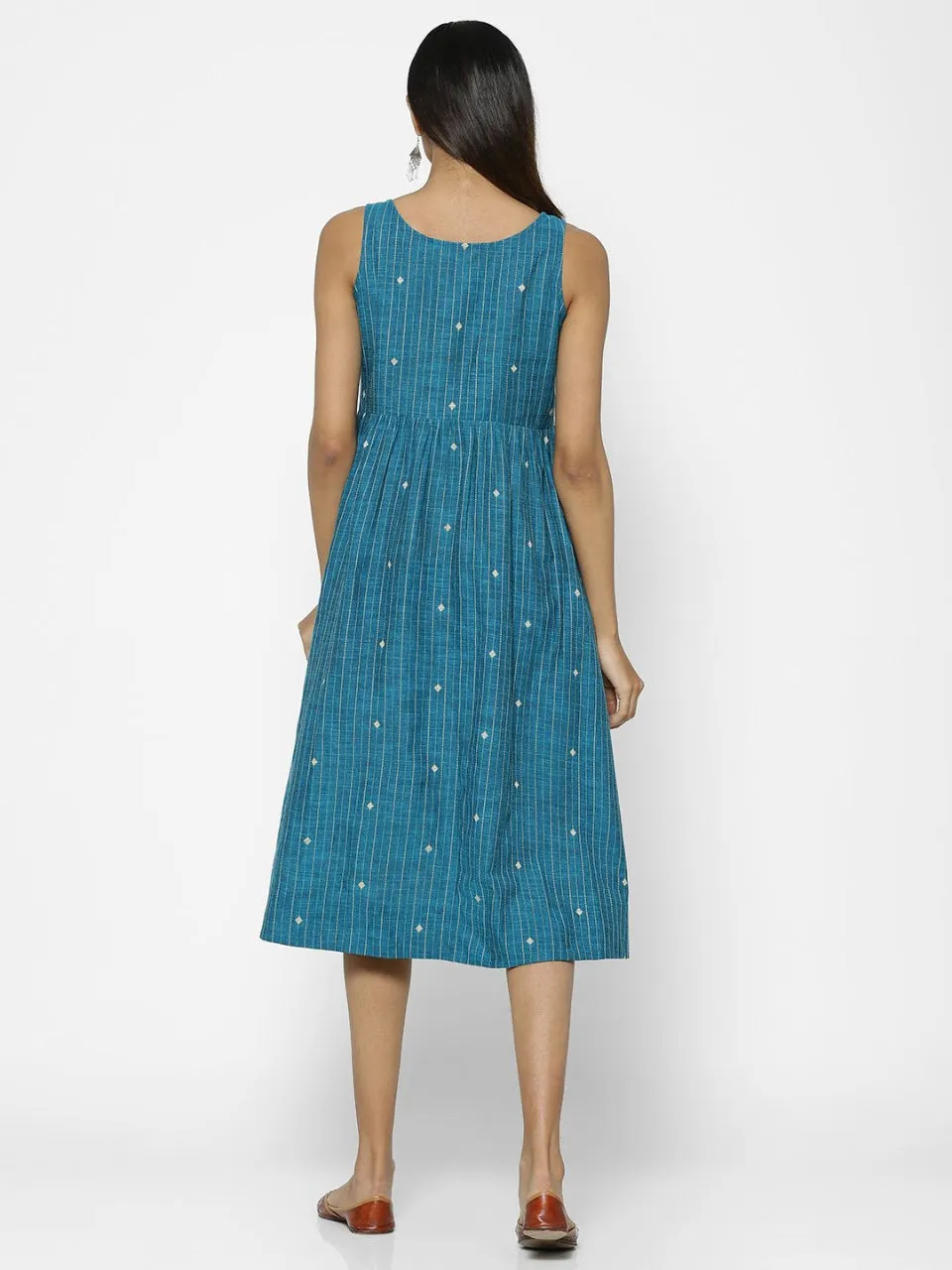 Drawstring-Closure All-season Teal Jacquard Dress