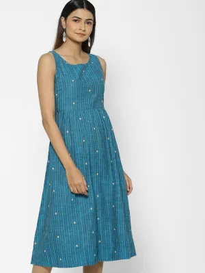 Fringe-Detail Teal Jacquard Dress