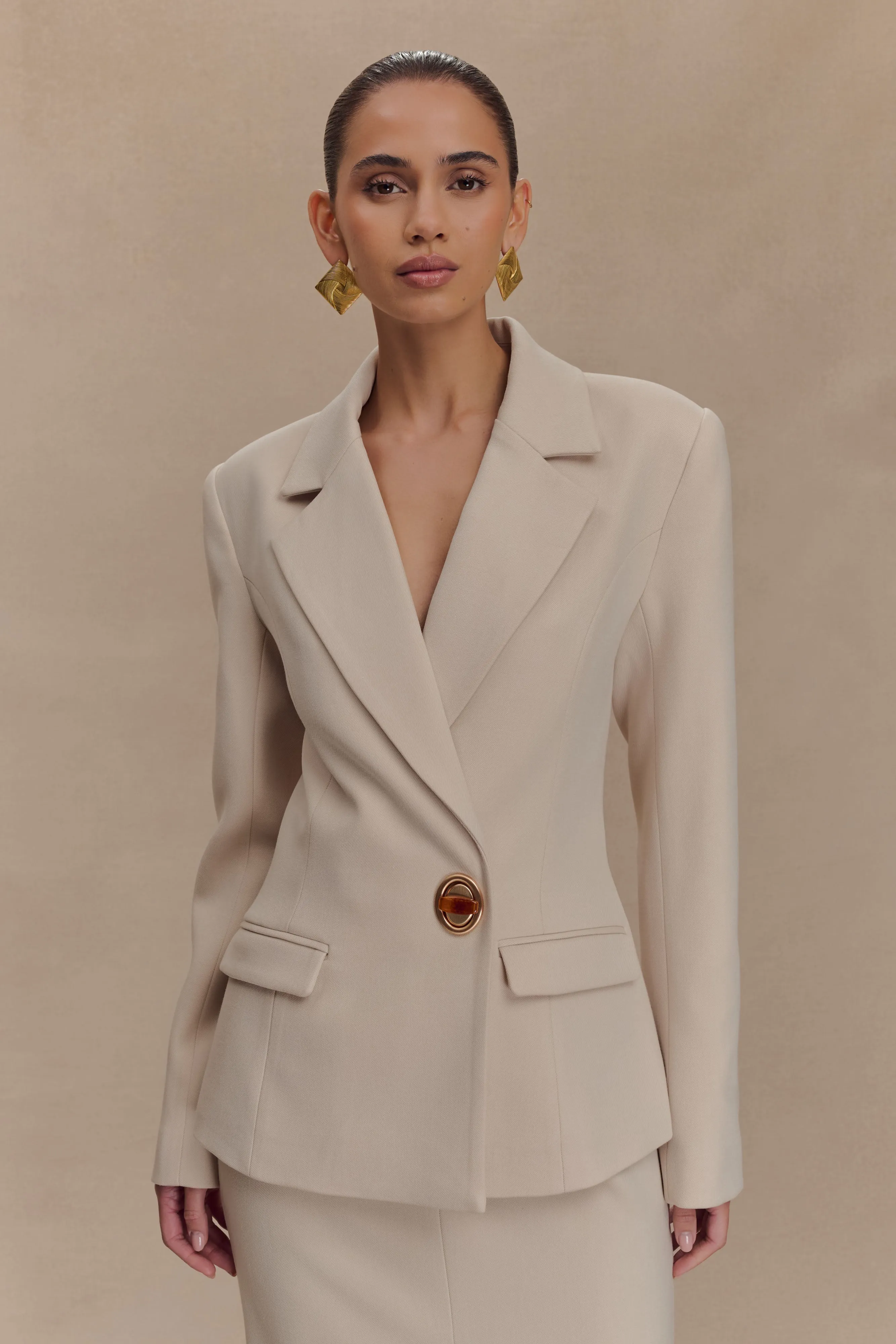Max Cinched Waist Blazer - Ivory Stone Daily Essential Regular Fit Cut