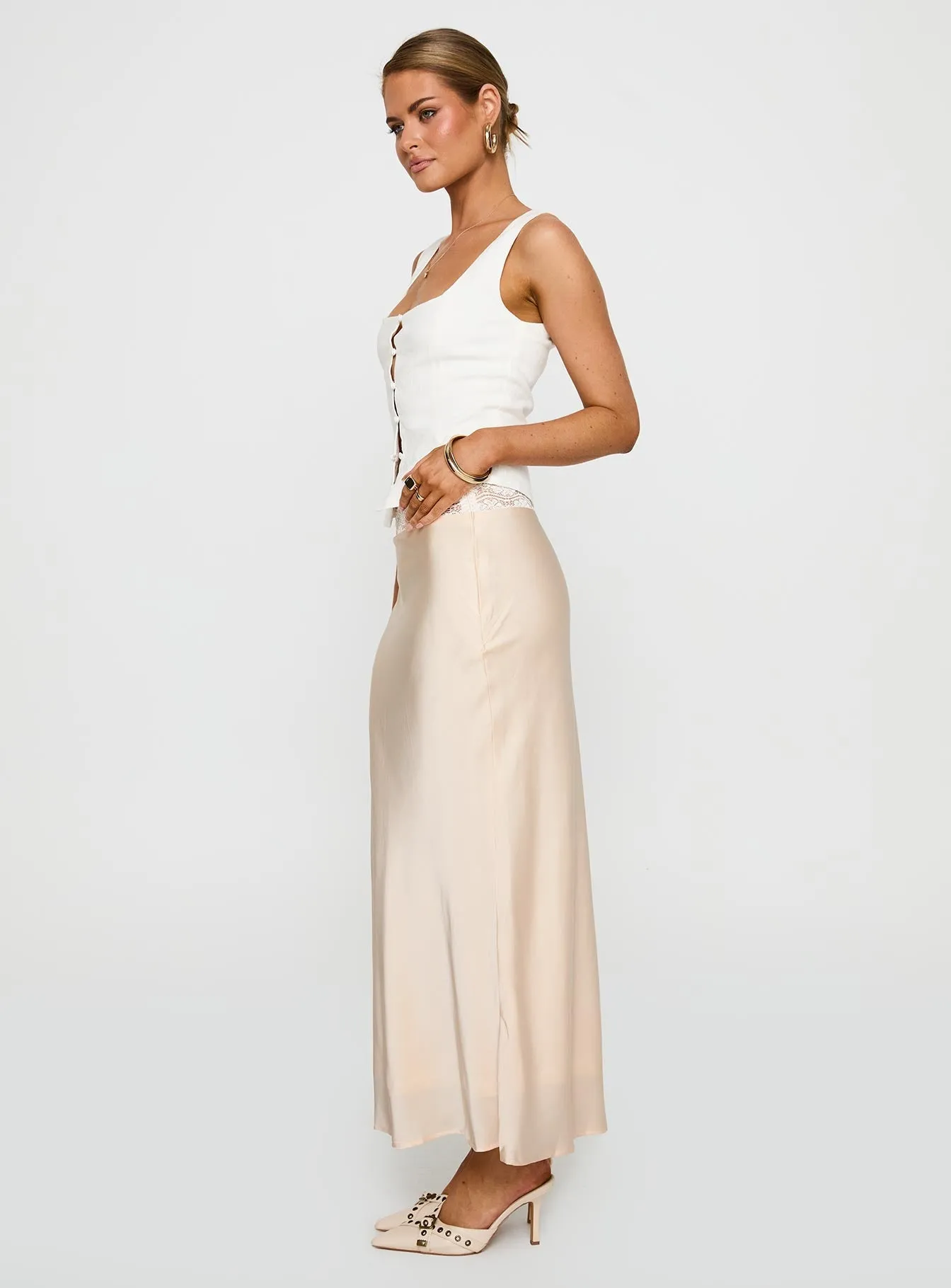 The Charmaine Maxi Skirt Cream Glossy Texture