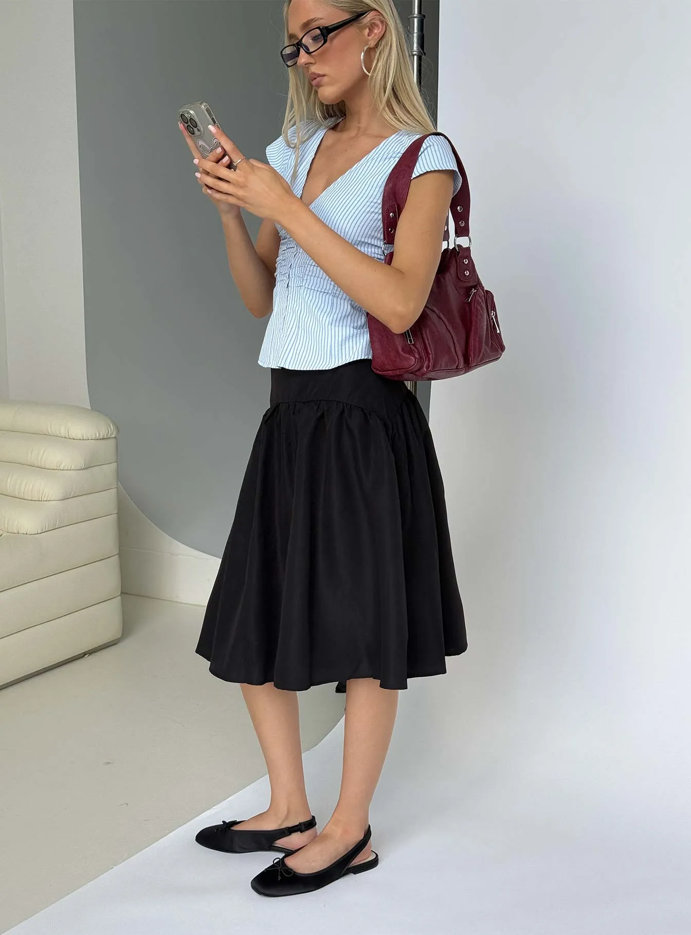 Kodee Midi Skirt Black Gather Details Friction Free