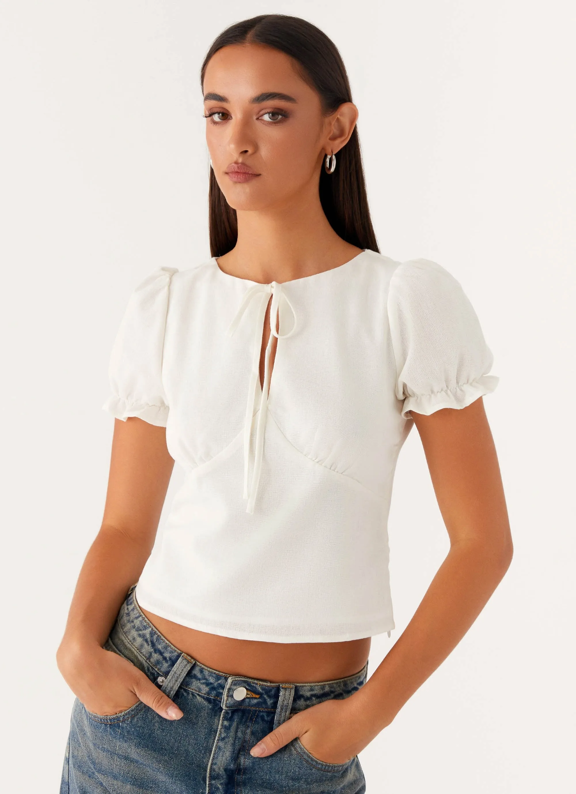 Cool Layering Tagless Design These Words Puff Sleeve Top - White