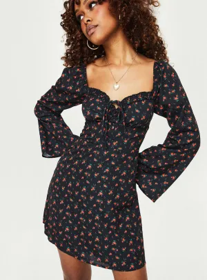 Clean Stitch Love Birds Long Sleeve Mini Dress Black / Red Floral