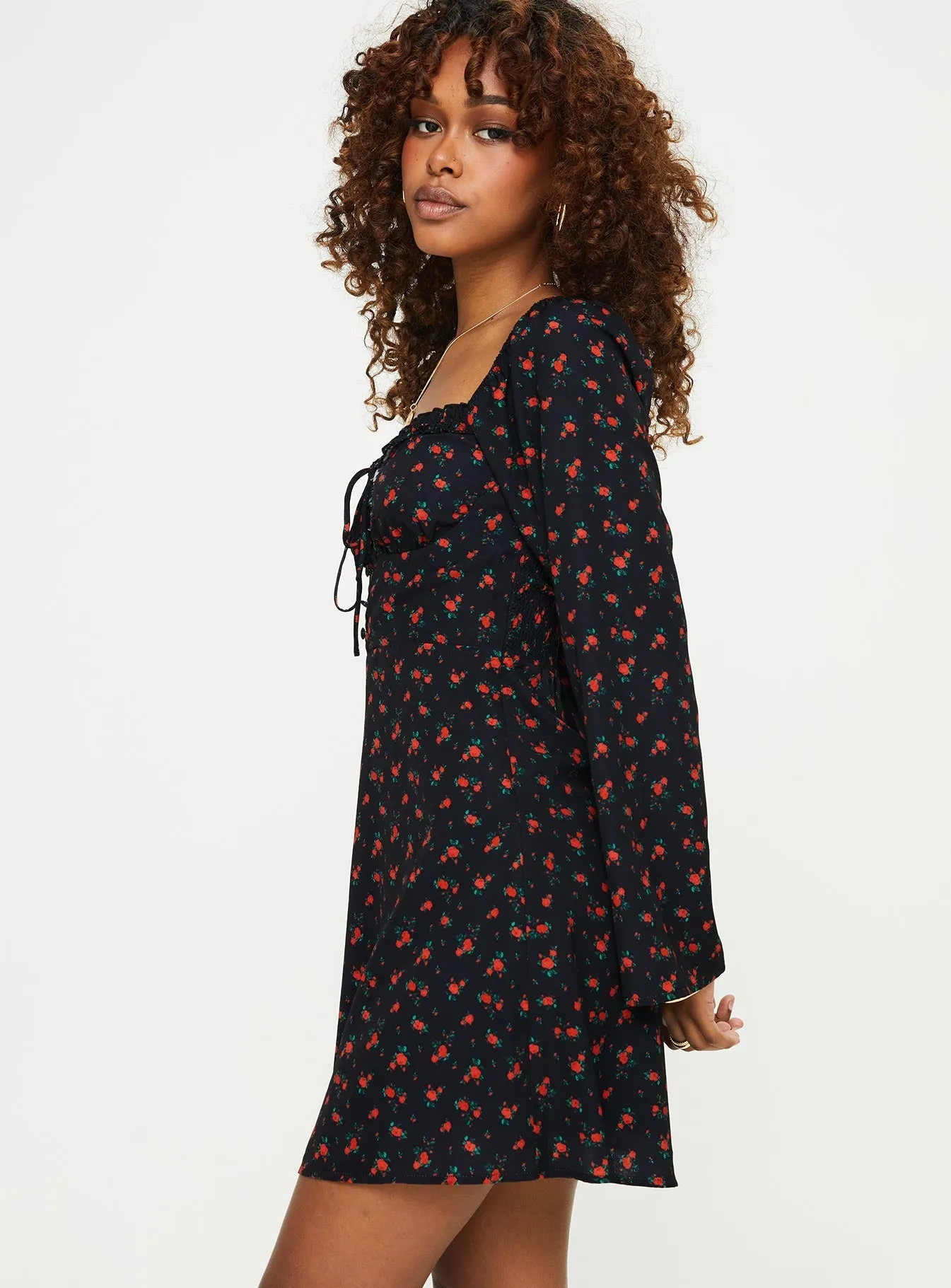 Premium Quality Work Flex Love Birds Long Sleeve Mini Dress Black / Red Floral