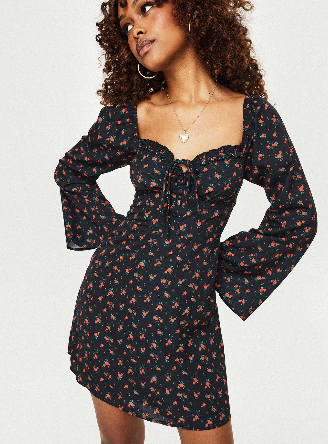 Clean Stitch Love Birds Long Sleeve Mini Dress Black / Red Floral