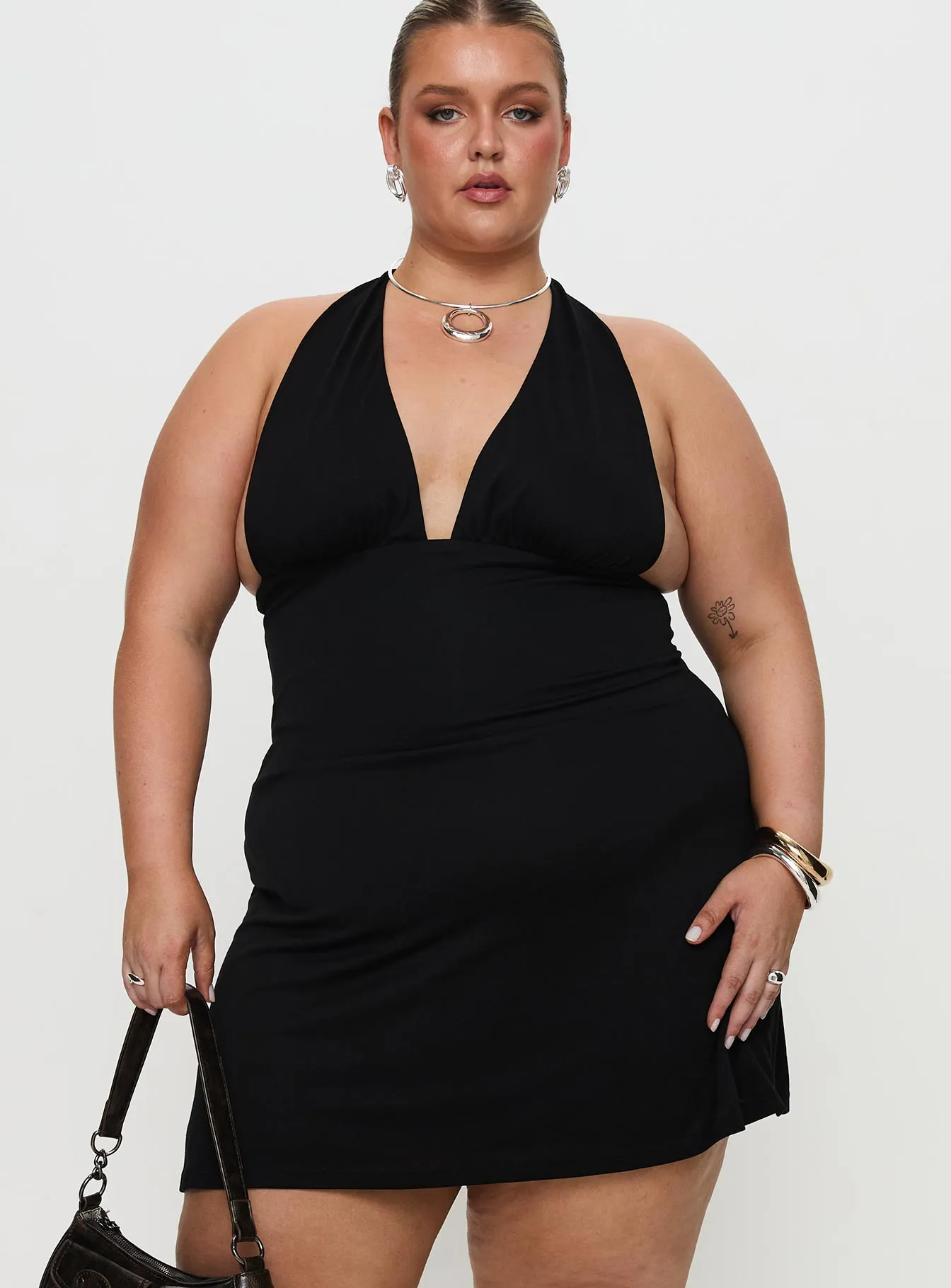Crisp Texture Built-In-Slip Tinisie Halter Mini Dress Black Curve