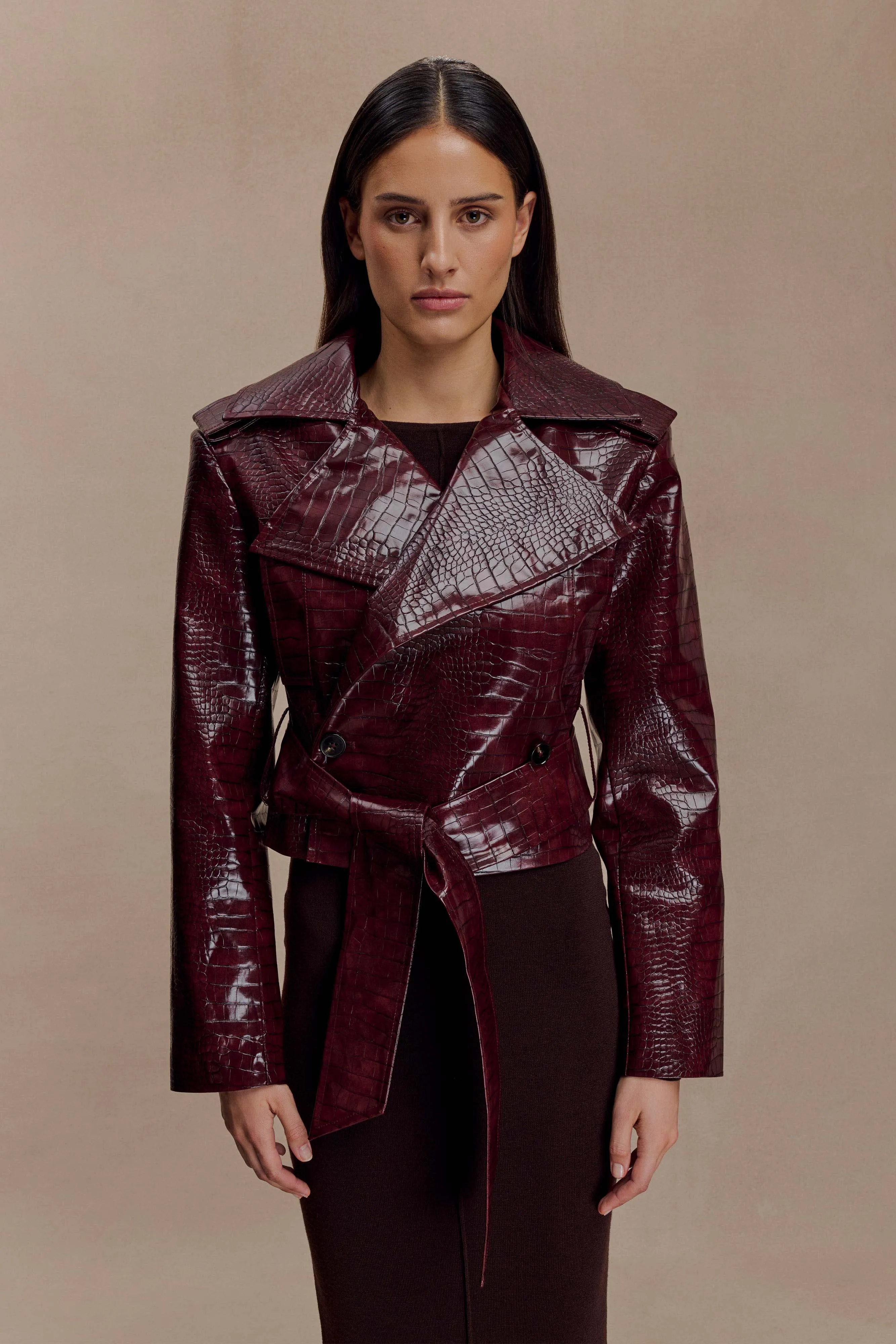Removable Hood Archie Croc Faux Leather Cropped Jacket - Burgundy