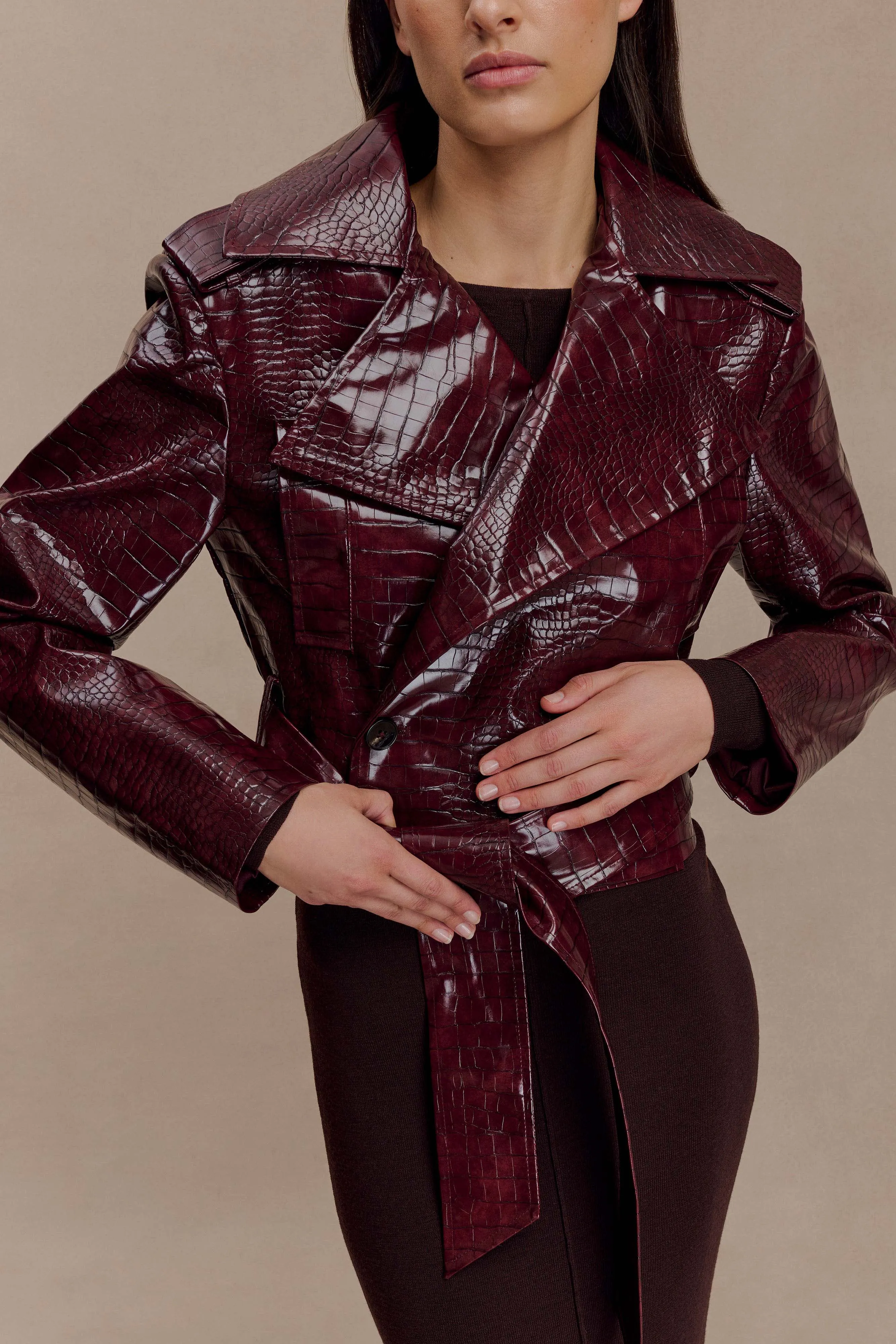 Anytime Outer Fit Friction Resistant Archie Croc Faux Leather Cropped Jacket - Burgundy