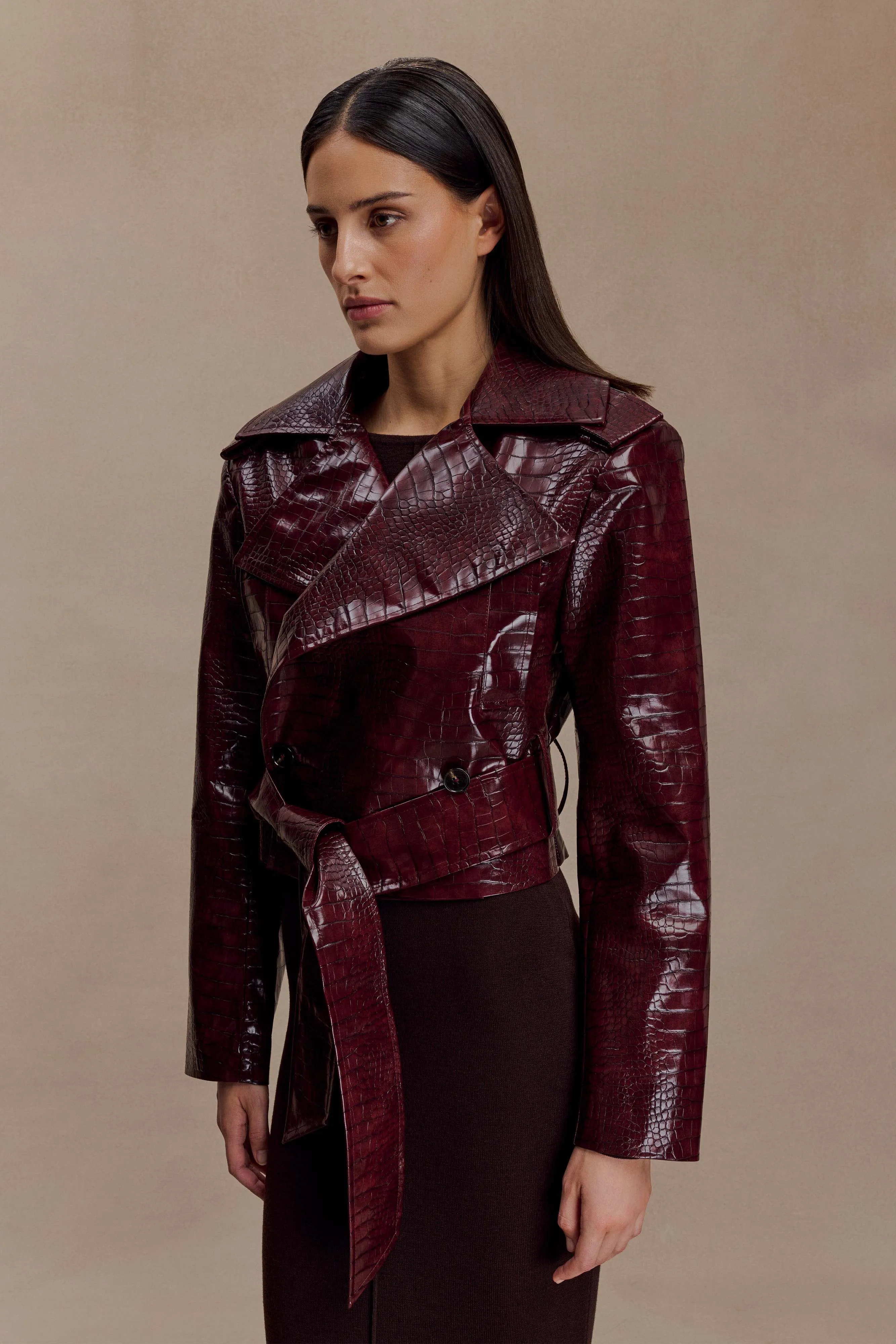 Archie Croc Faux Leather Cropped Jacket - Burgundy HybridLayerCompatibility
