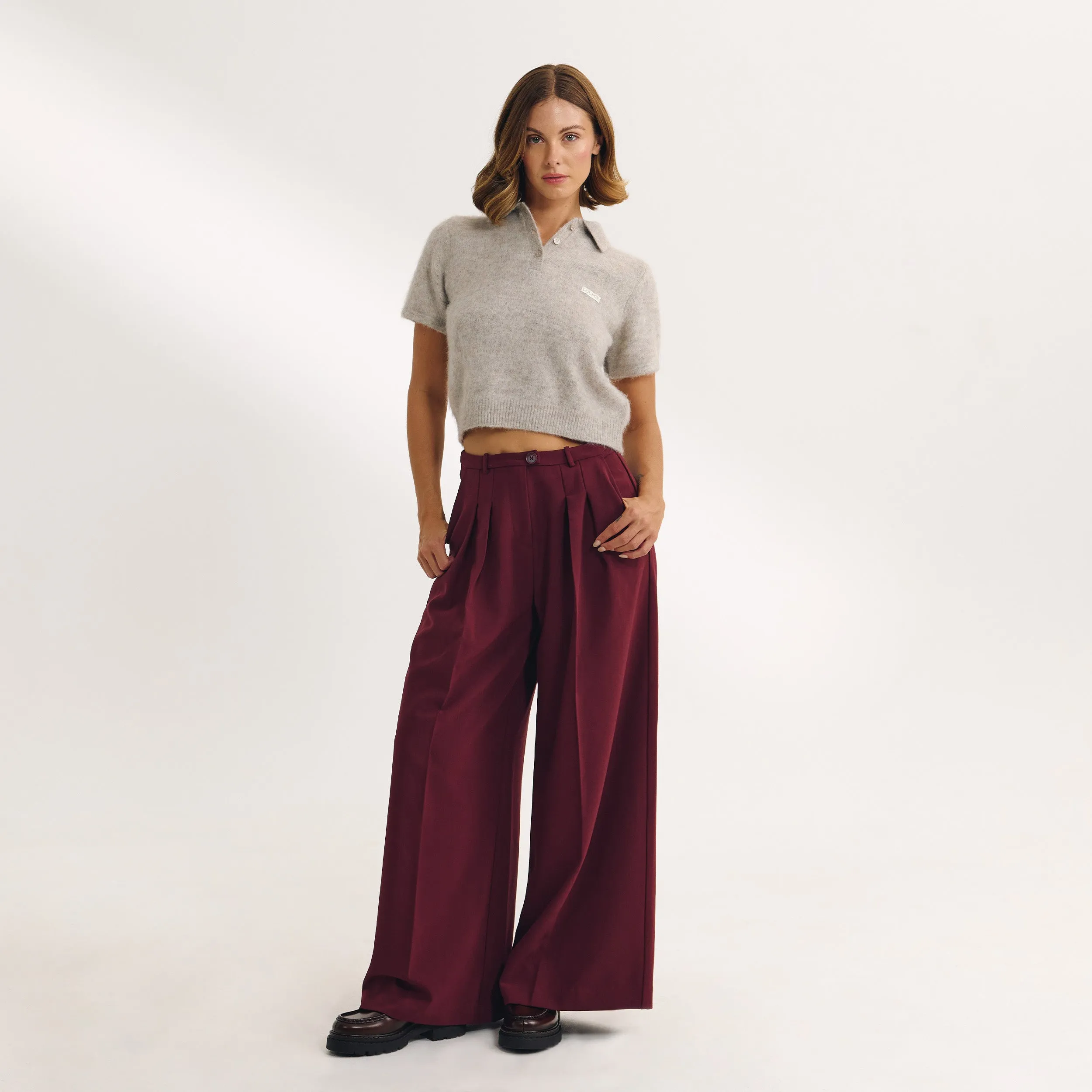 Eco Friendly Dye Process Moisture Wicking Fabric Wide-Leg Tailored Trousers - Cherry Lacquer