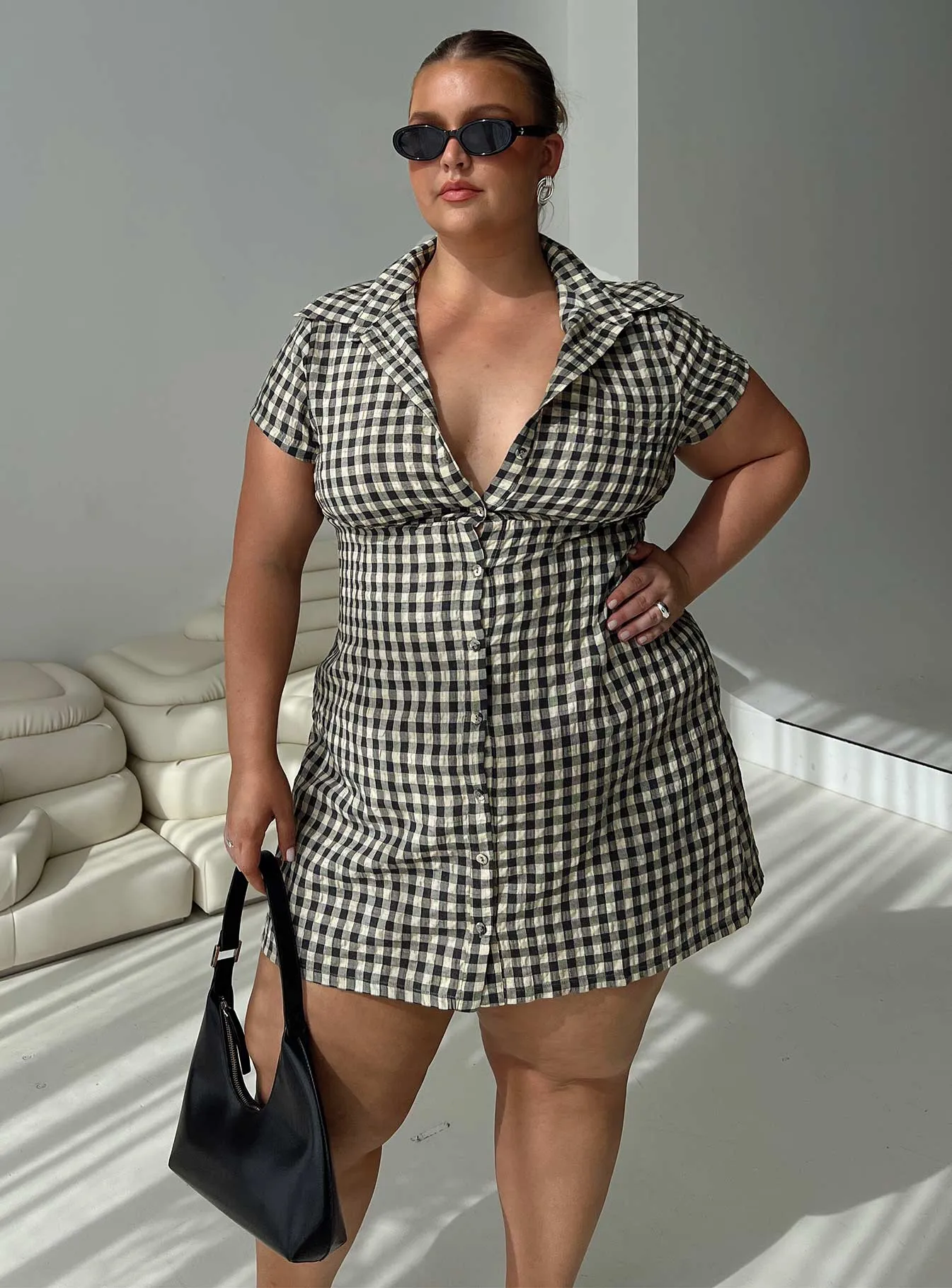 Flattering Shape Wear Motley Mini Dress Brown Check Curve
