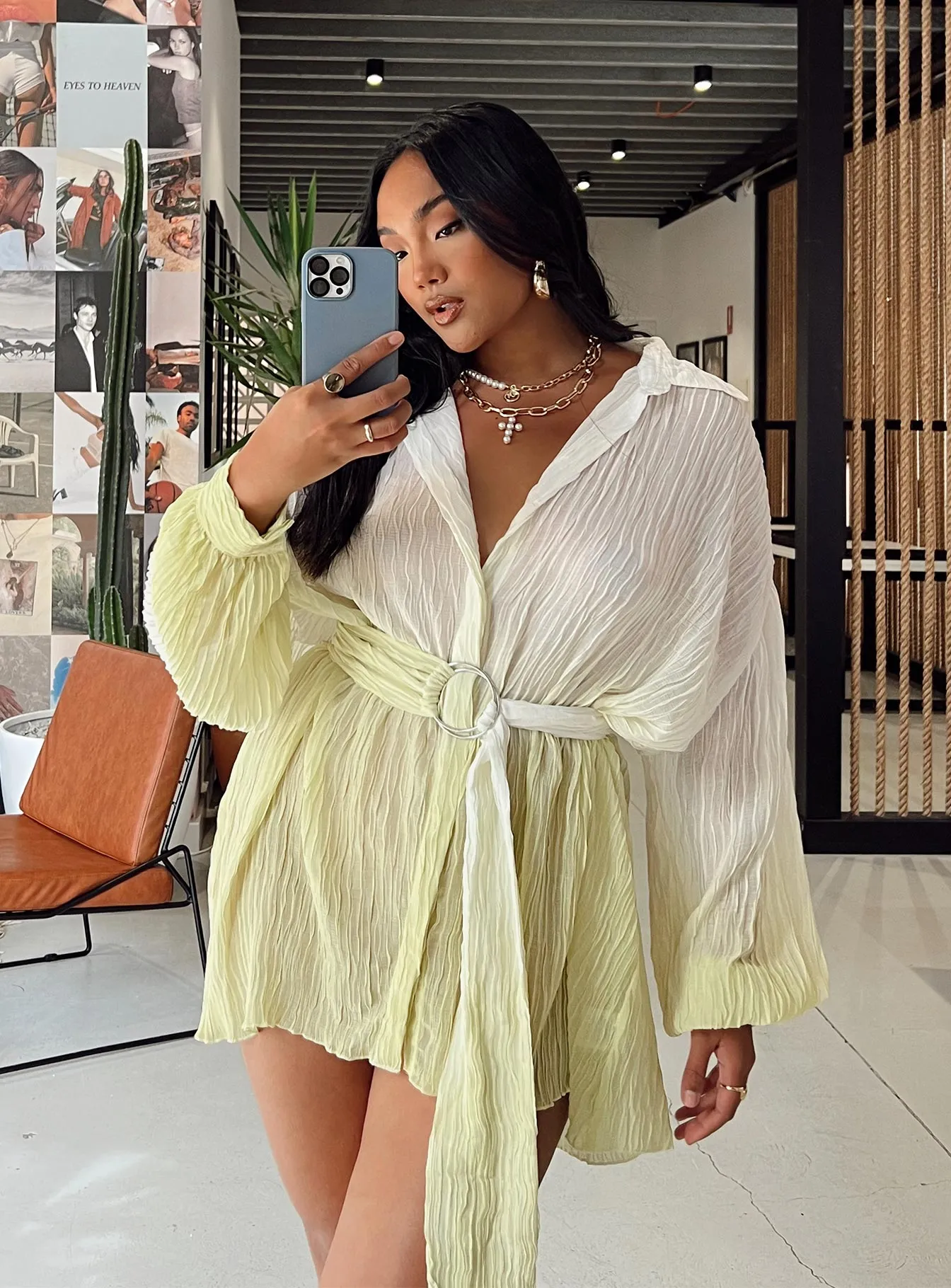 Tune In Shirt Dress Green Flutter-Sleeve Farm Air