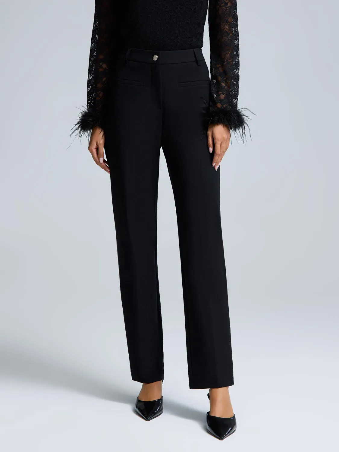 Comfort Base DoubleLayeredFabric Mid-Rise Straight Leg Stretch Pants