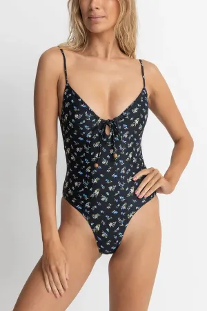 Rhythm Womens Swimsuit Fleur Floral Tie Front One Piece Laser Cut Perforations Low Profile Hardware