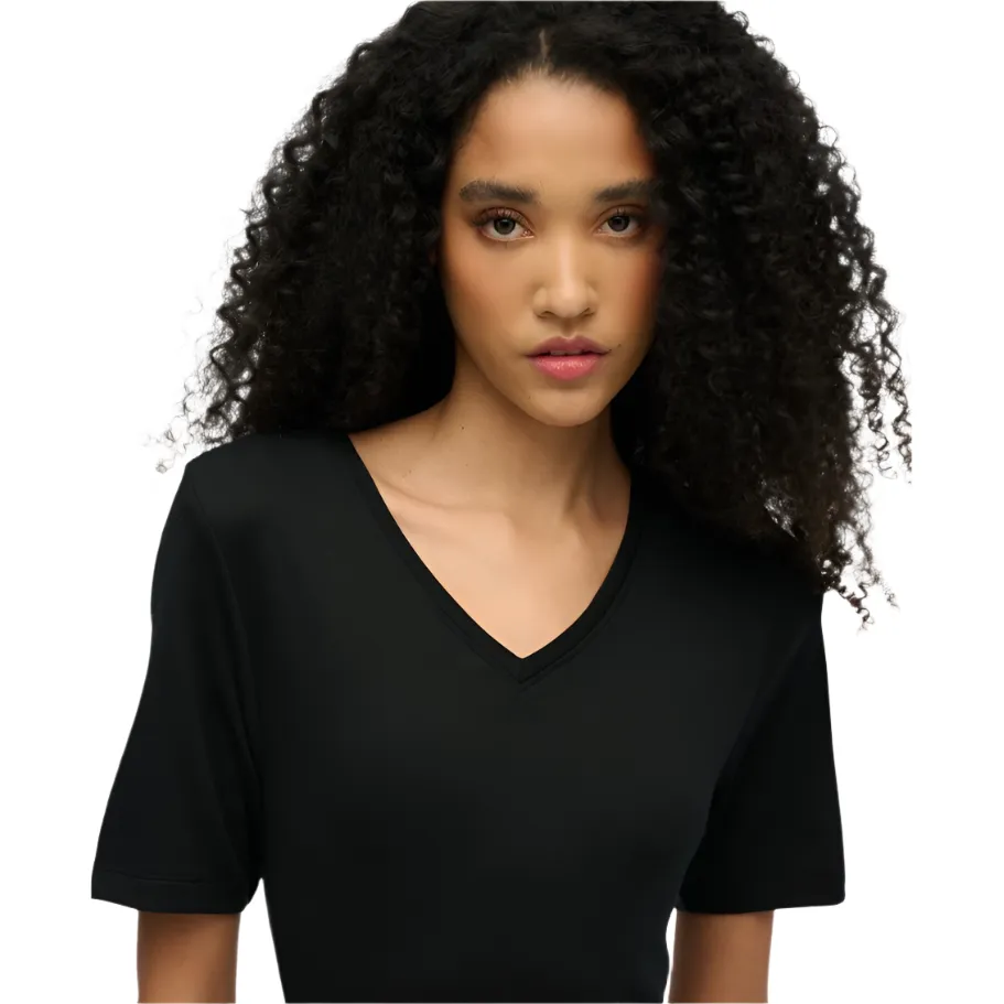 Embroidered Detail Herringbone Superdry Womens Dress Midi Jersey SS V Neck Black